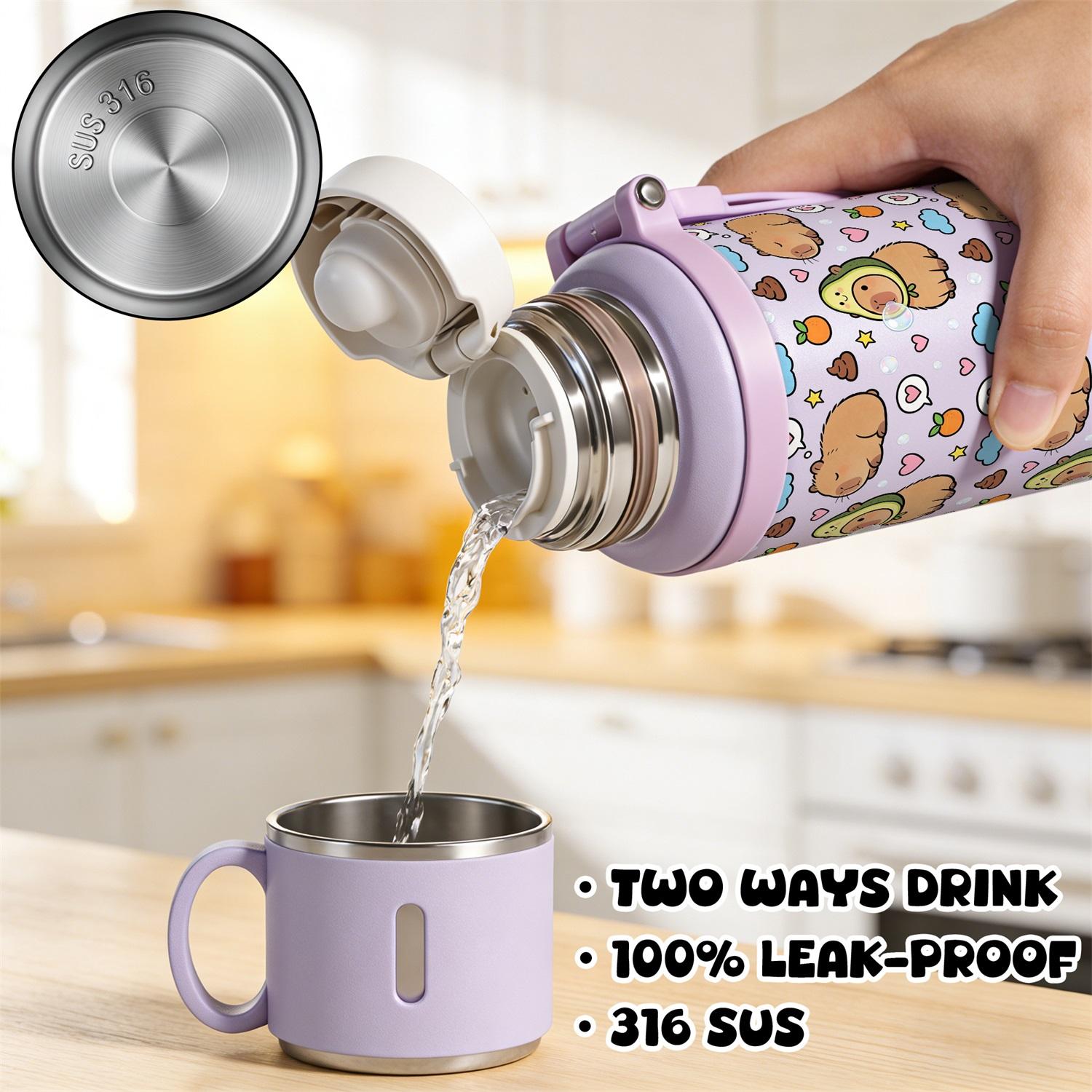 1PC, 20oz Insulated Stainless Steel Water Bottle, Vacuum Flask with Cup Lid That Doubles as Handle Cup, Double Wall Insulated Travel Mug, Portable for Camping, Hiking, School & Office, Cute Capybara Pattern, Ideal