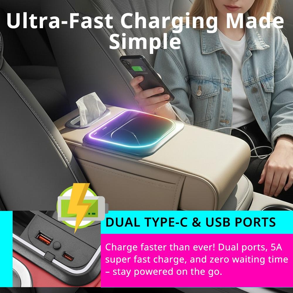 Car Multi-Functional Handrest Storage Cushion, Fast Charging Type C & Type a Dual Ports, Music Sync RGB Ambient Light, Easy Install, Car Armrest Box Accessories,  Car Console Organizer
