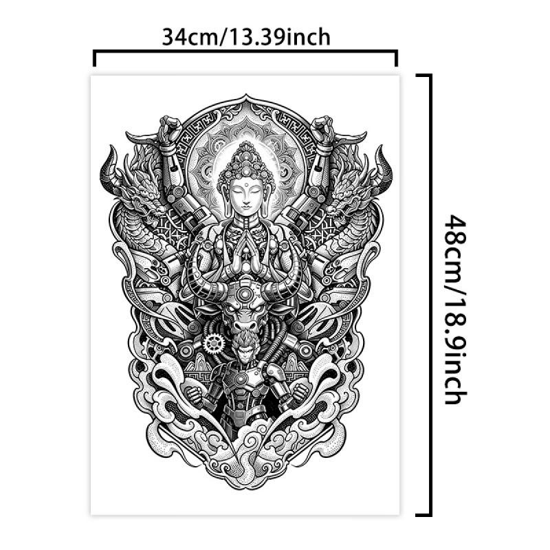 Cyber Mechanical Buddha Sun Wukong Full Back Tattoo Waterproof Temporary Tattoo Sticker Magic Tattoo Lasts 7-15 Days Herbal Juice Semi Permanent Tattoo Large Pattern Simulation Tattoo