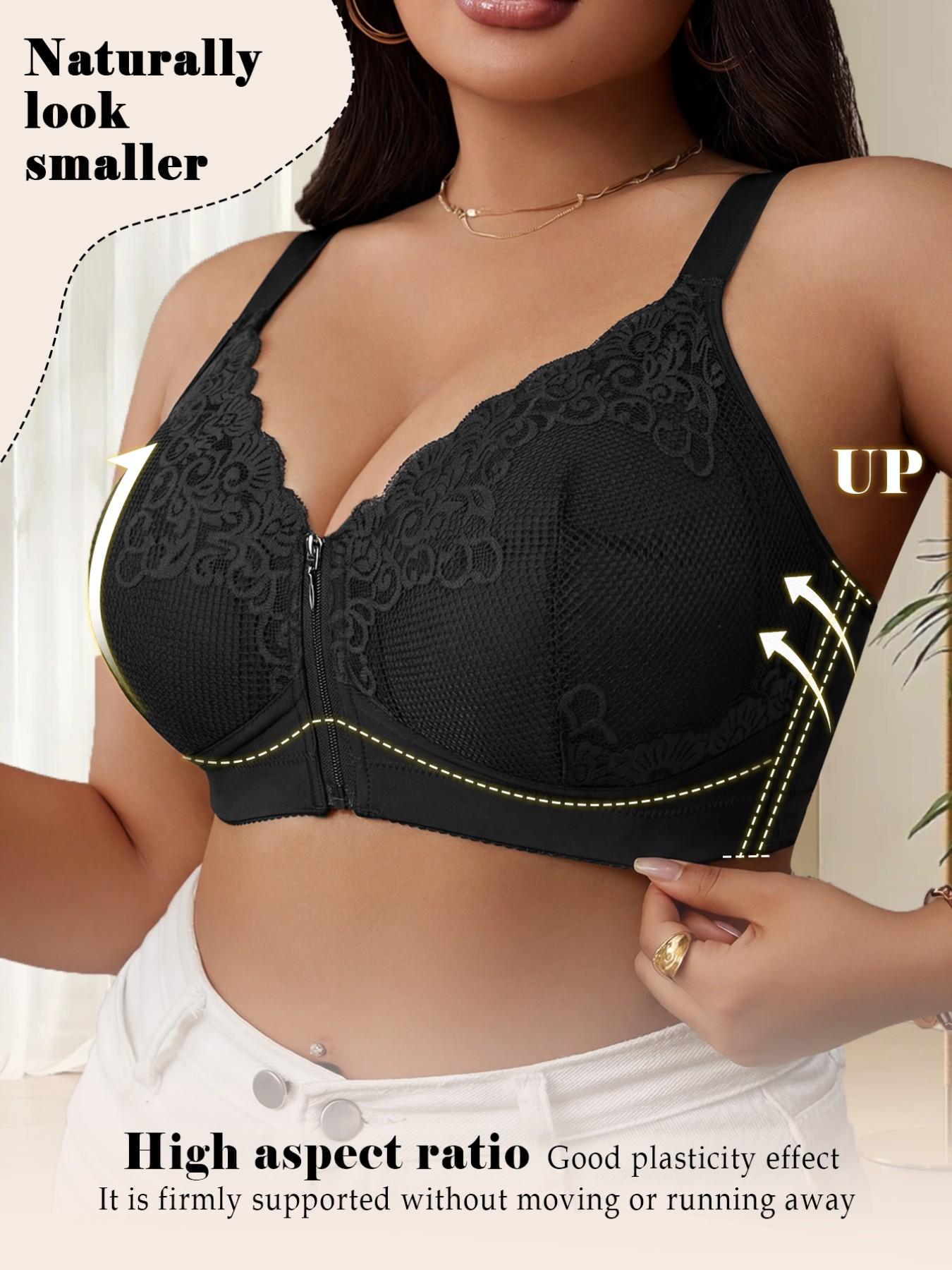 Women's Plus Size Front-Zip Wireless Push-Up Bra - Hidden Zipper, Floral, Elegant, Feminine, Chic, Wide Adjustable Straps, Comfort Breathable, Slim Shaping Silhouette | Valentine's Day Gift, Bridal & Everyday Wear