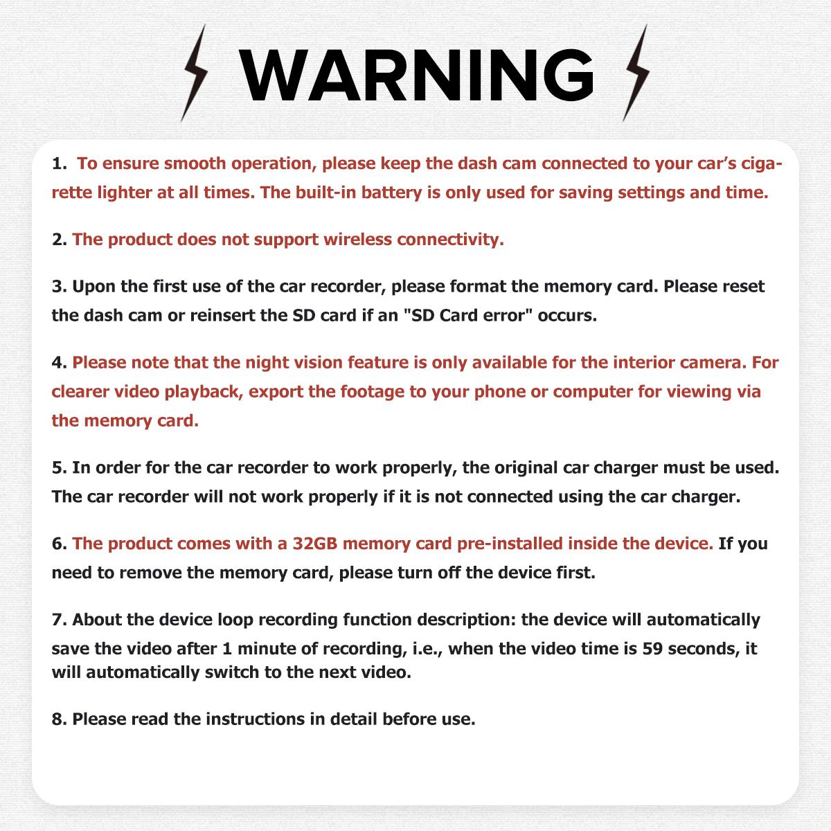 1080P Front & Interior Dual Recording Dash Camera, HD Car DVR with IR Night Vision, 3.16-Inch IPS Screen and Wide-Angle Video Surveillance, Automotive DVR Camera