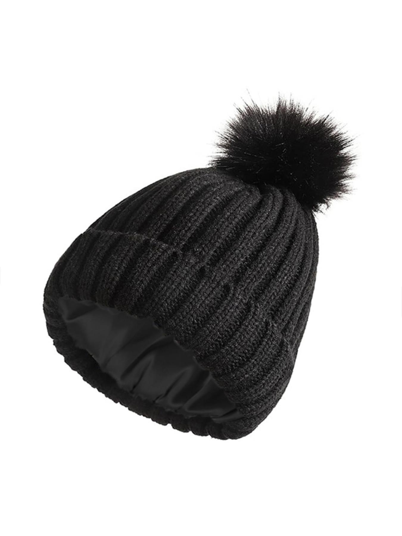 Unisex Plain Striped Beanie Hat, Satin Lined Knit Cap with Pom Pom, Warm Comfortable Windproof Winter Accessory, No Tag Design, Knitted Winter Hat