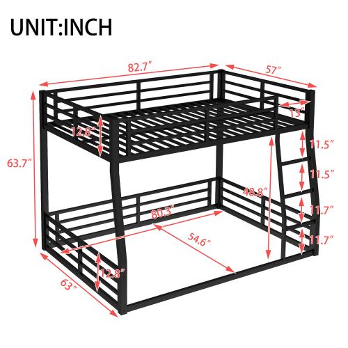 Floor Bunk Bed Frame, Heavy-Duty Bunk Bed for Kids, Teens, Adults, Noise-reduced Design, Black