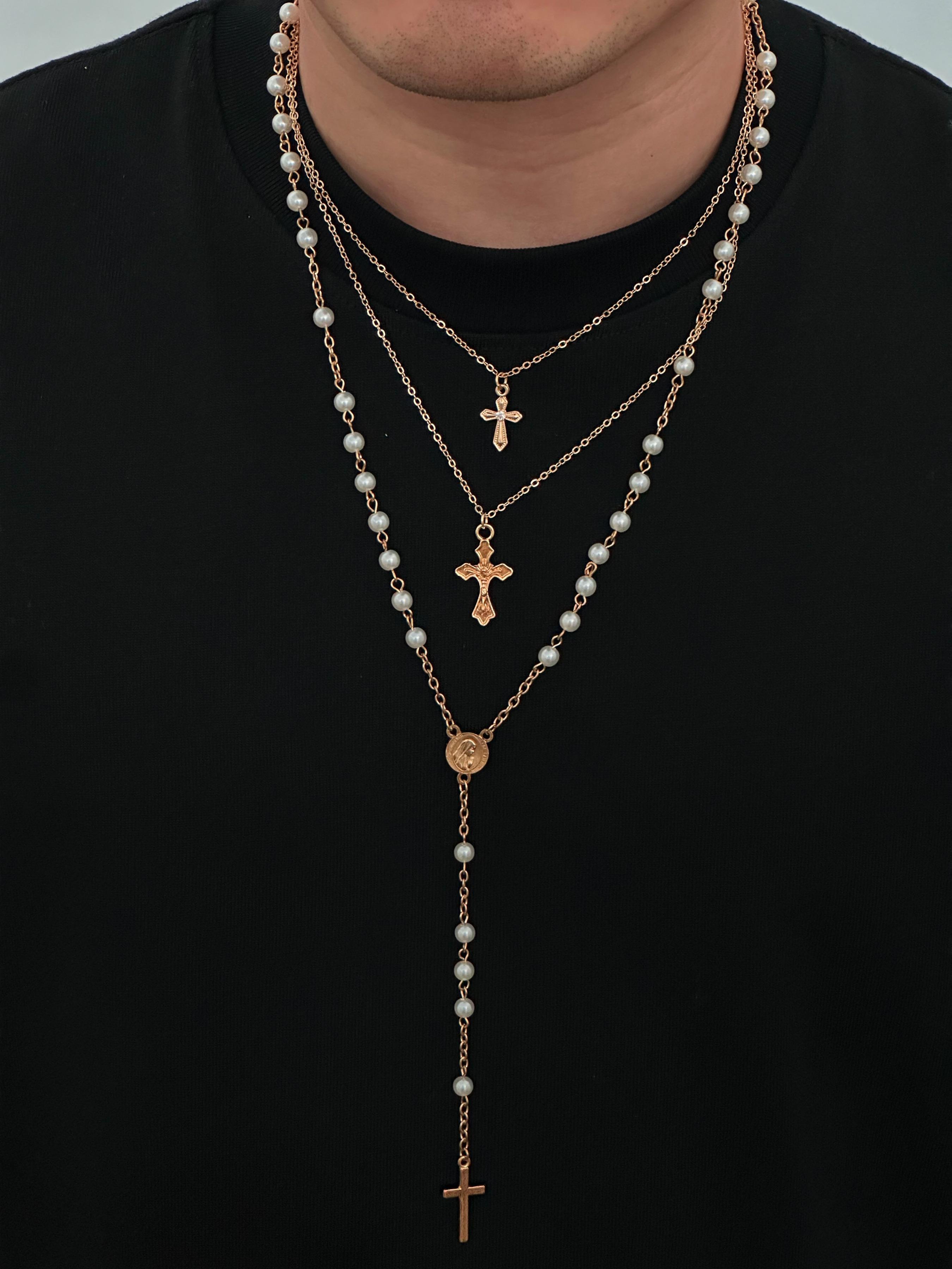 3-Piece Retro Punk Metal Cross Pendant Y-Chain Necklace Set, Men's Hip-Hop Fashion Artificial Pearl Beaded Multi-Layer Necklace