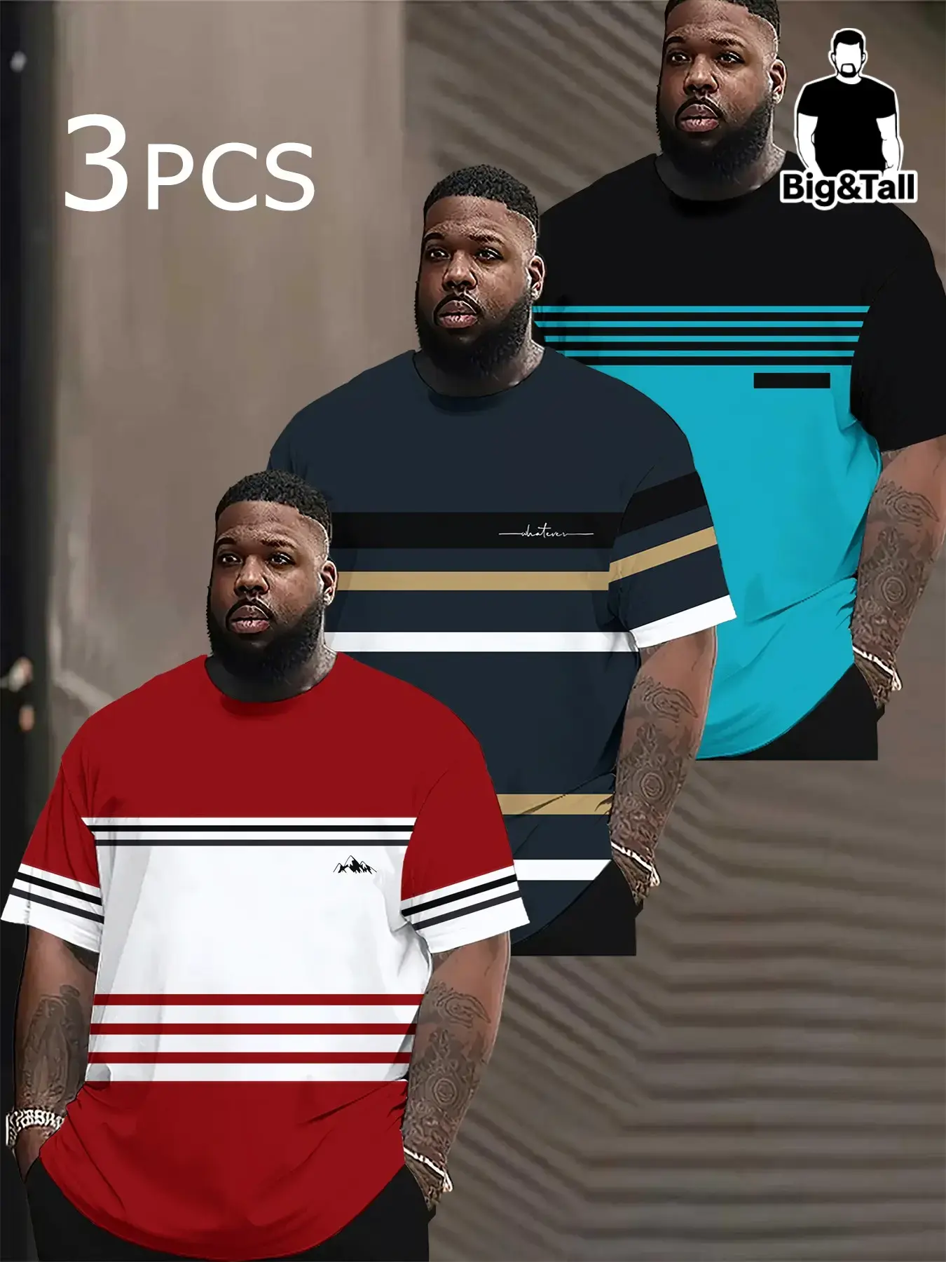 3-Pack Plus Size Men's Classic Fashion Casual Round Neck Short Sleeve T-Shirts, All-Season Versatile Daily Wear, Striped Style, Urban Trend Streetwear Clothing, Tops, Menswear