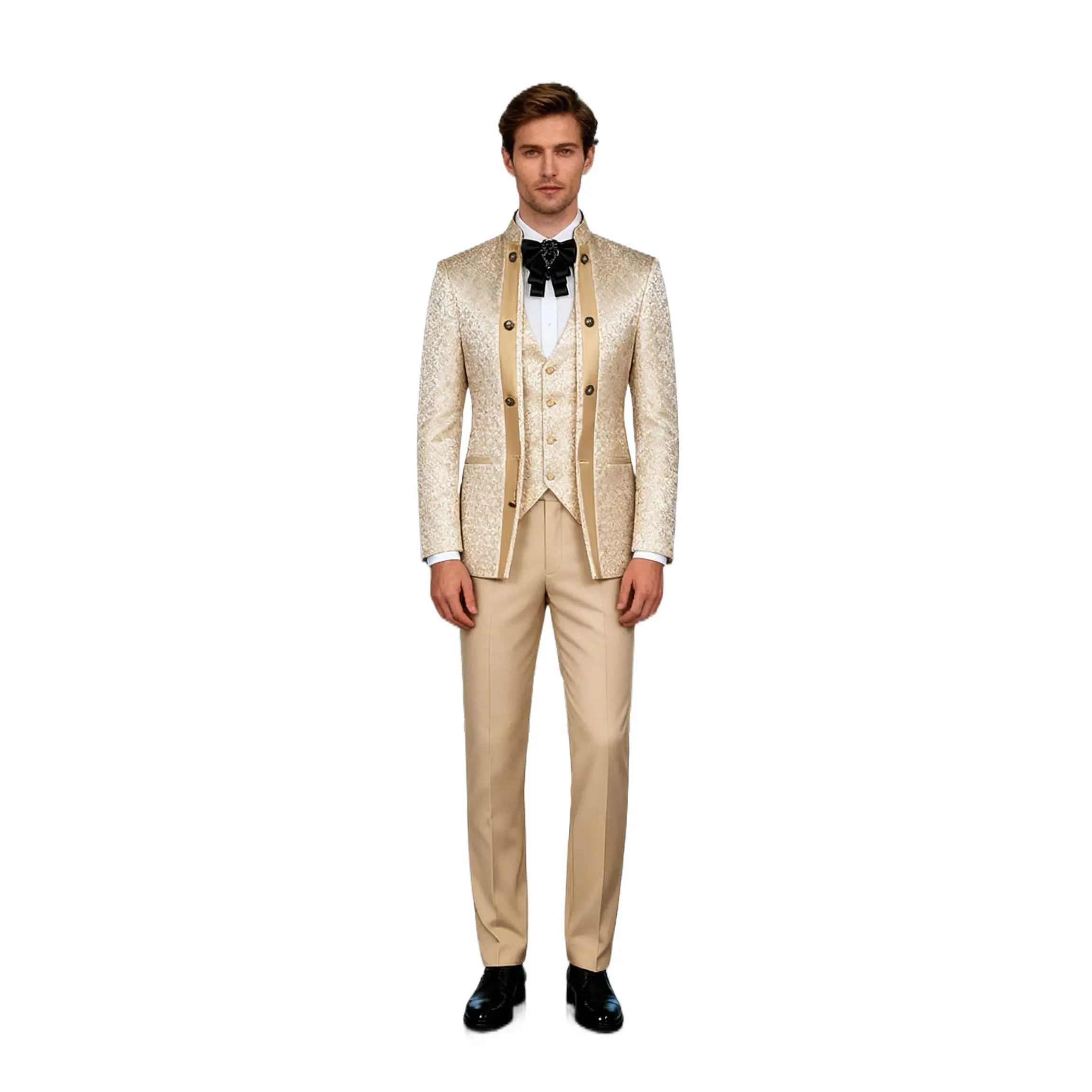 Men's Jacquard 3-Piece Suit Set - Fitted Formal Wear for Workwear & Dates, Complete Outfit with Vest, Trousers & Free Bow Tie, Fabric, Dry Clean, Breathable, Elegant, Evening, Full Length, Print, Long Sleeve, Satin, Fashion, Vibe, Polyester, Buttons, Clas