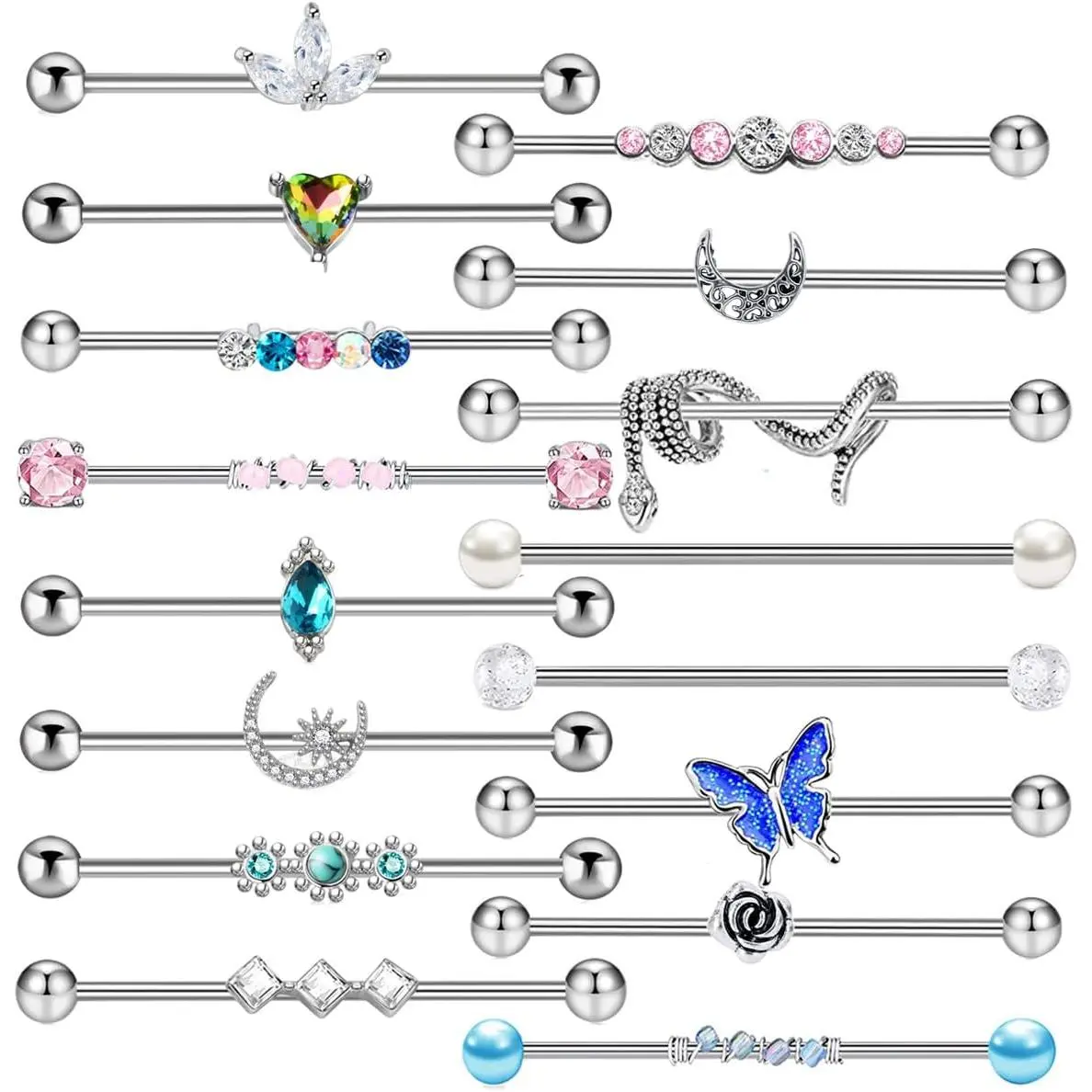7-16pcs 14G Stainless Steel Industrial  Barbell Earring Cartilage   38mm 1&1/2 Inch Industrial  Bar for Women Men Snake Chain Dangle