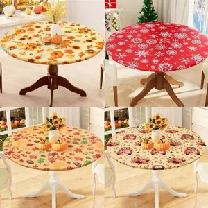 15-day Delivery Round Fitted Christmas Tablecloth with Elastic Edge, 100% Waterproof Oil Proof Table Cover, Vinyl Flannel Backed Tablecloth Fits 36"-44" Round Tables for Christmas Dinner