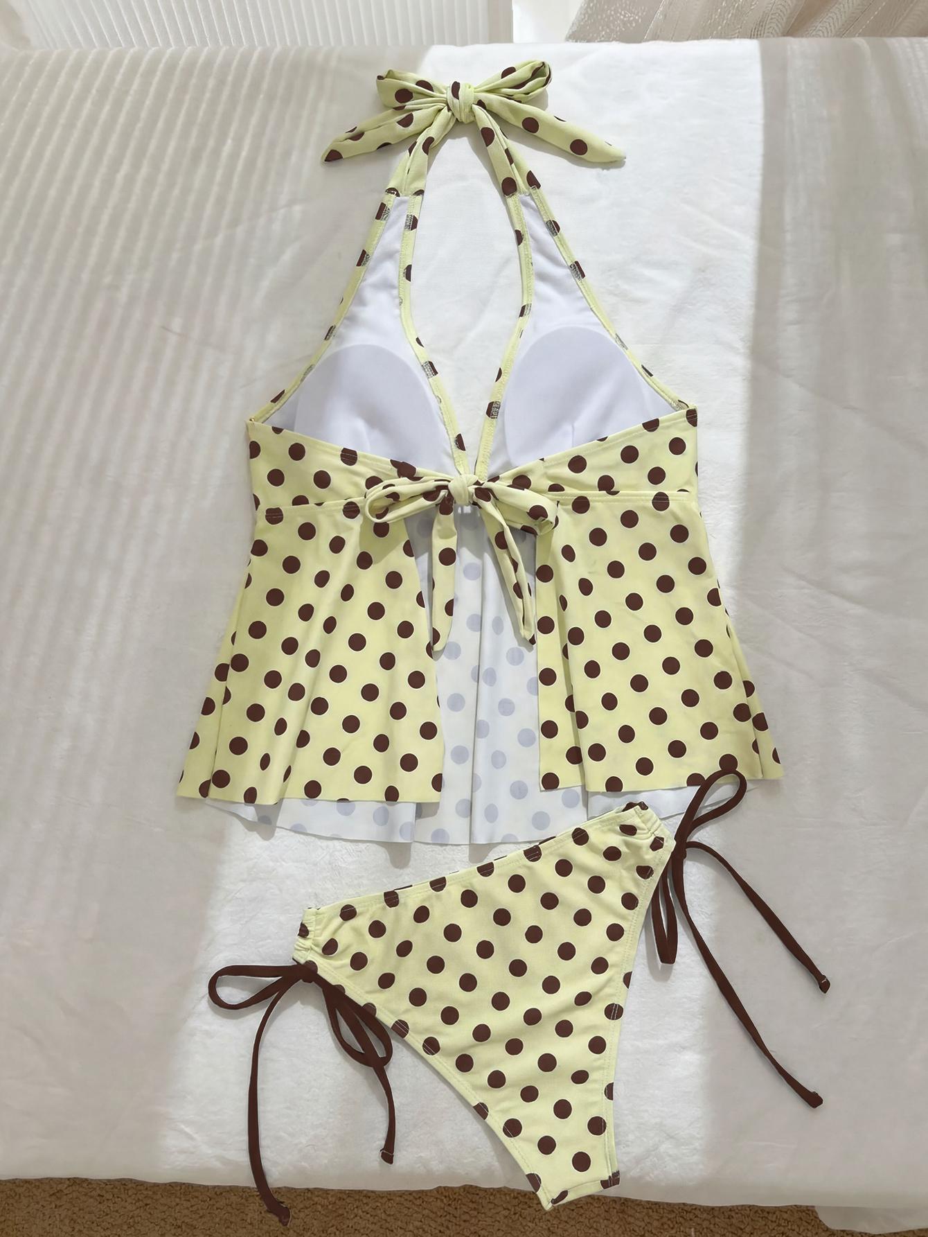 Polka Dot Print Sexy V-Neck Tankini Swimsuit, Halter Neck Push-Up Tie Chic Swimwear, Summer Beach Resort Pool Wear, Beachwear Swimsuit Set, Beach Bathing Suit