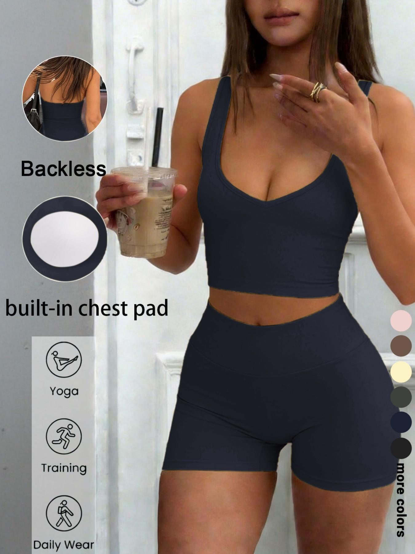 Sexy U-Neck Backless Halter Top Shorts Set, Elastic Comfortable Casual Wear, Perfect for Gym Yoga Running Daily