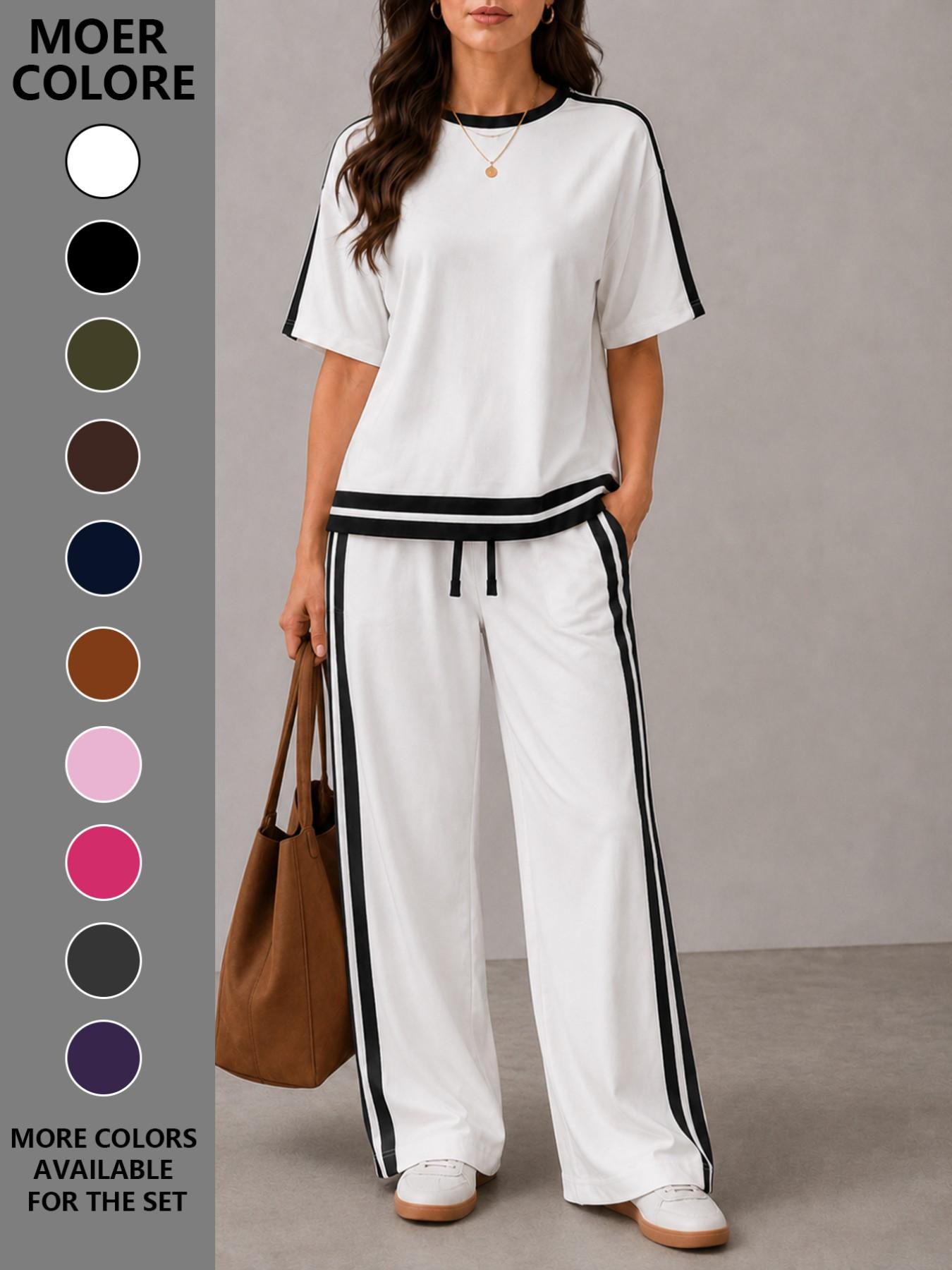 Women's Casual Sportswear Set, Plain Round Neck Short Sleeve T-Shirt and Striped Pants, Spring Summer Two-Piece, All Seasons, Loose Casual Athleisure