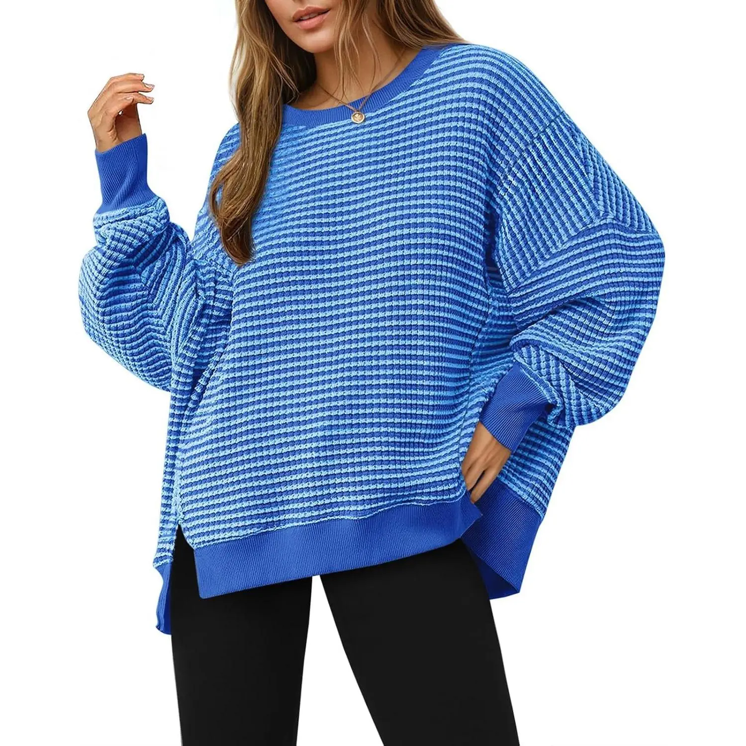 Women's Fall Oversized Sweatshirt Casual Waffle Knit Long Sleeve Crewneck Split Pullover Tunic Tops