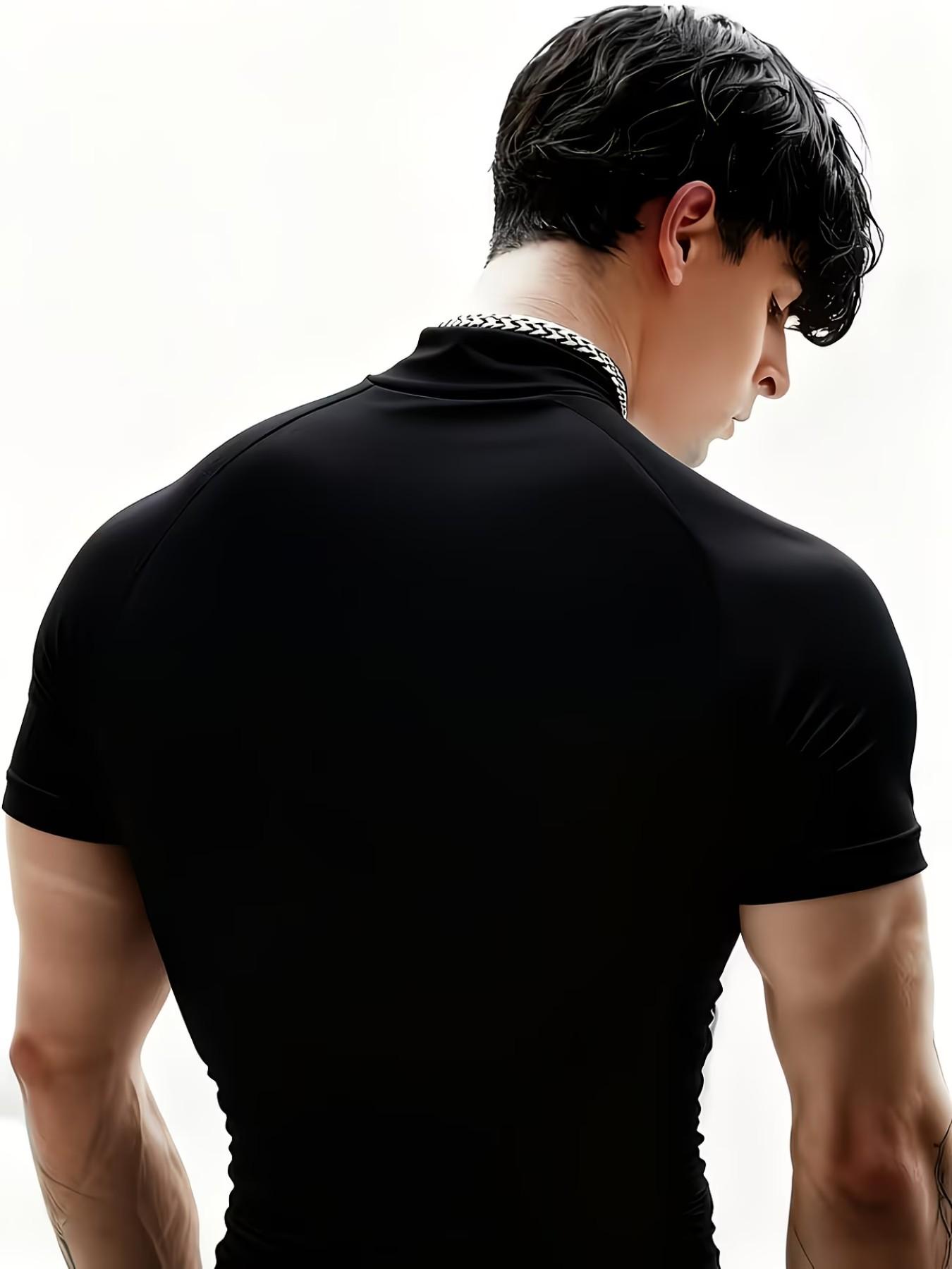 Men's Thorn Print High Neck Tight Fit Short Sleeve Gym Quick Dry Elastic Training Top, Sporty Casual Bottoms, All Seasons Wear