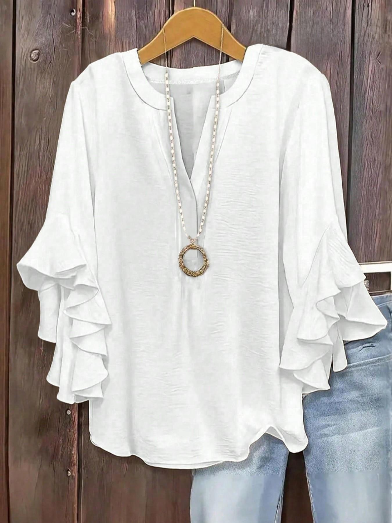 Plus Size Women's Ruffled Sleeve V-Neck Shirt Blouse, Elegant Floral Design, Comfortable and Stylish, Perfect for Casual Wear