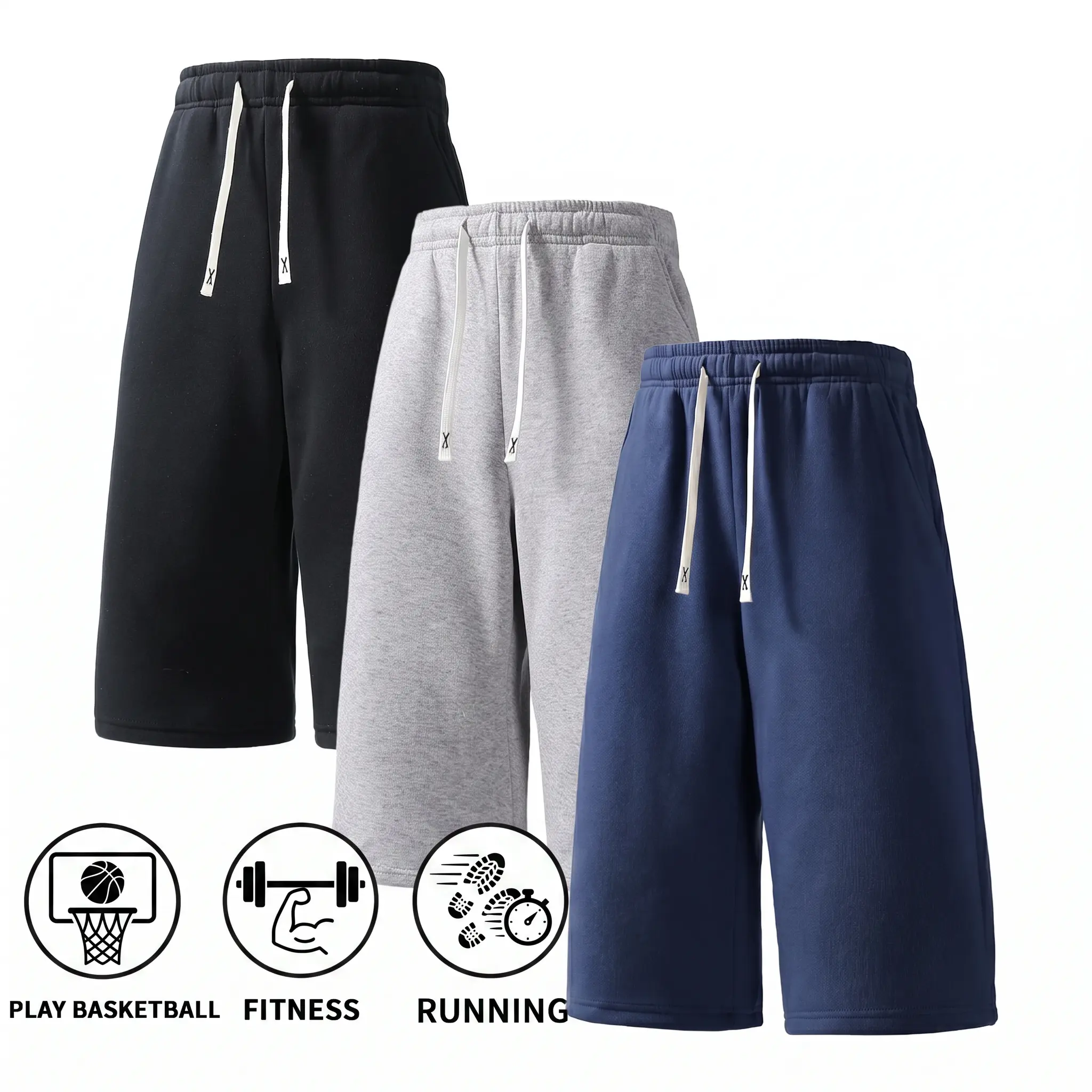 Men's Multi-Size 3-Pack Athletic Sweat Shorts - Elastic Drawcord Bottoms for Basketball, Fitness, Summer Style