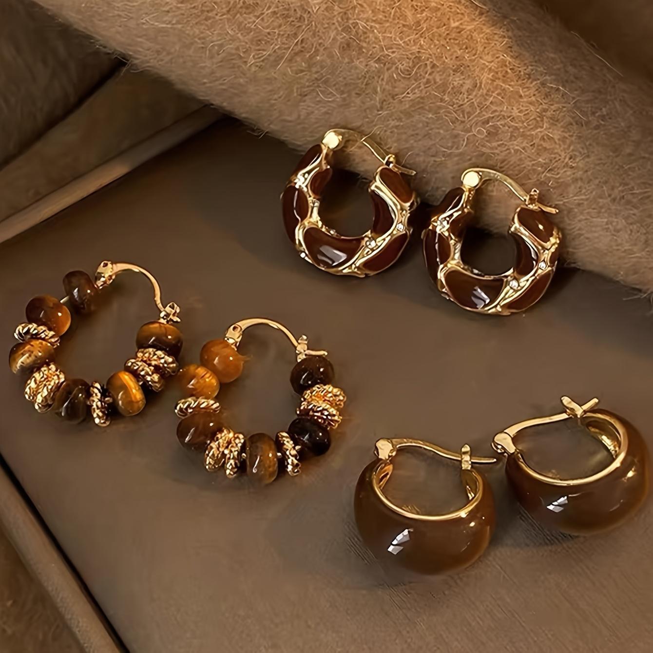 Women's Geometric Design Amber Beaded Earrings Set - Retro Elegant High-End, Suitable for Daily, Party Wear
