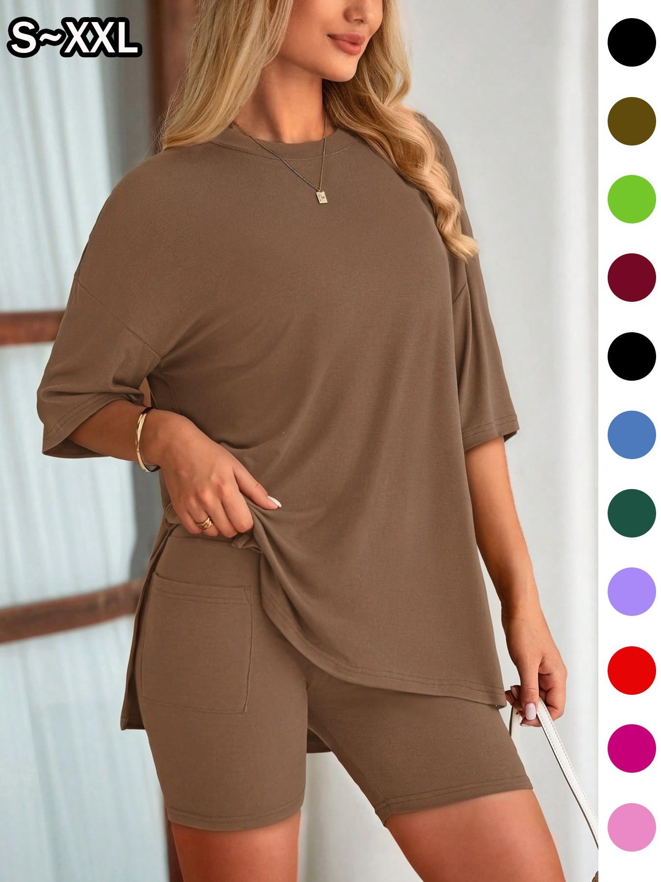Women's Solid Color 2-Piece Set, Round Neck Loose T-Shirt and Pocket Tight Shorts, Comfort Summer Loungewear Pajamas, Suitable for Outdoor Wear