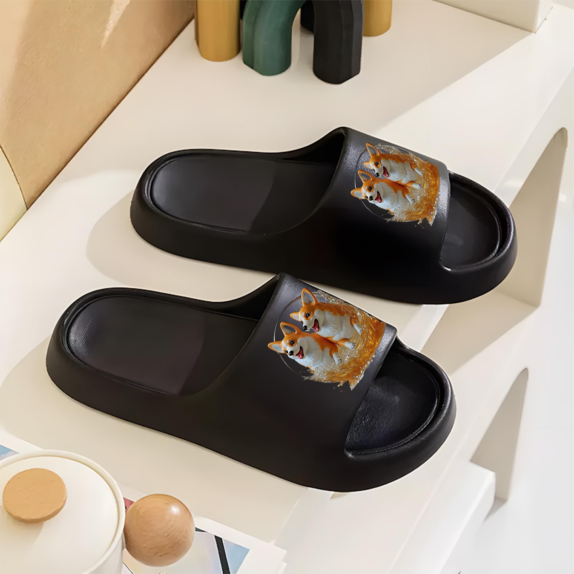 Corgi Playing in Water Print Slippers, Soft Sole Non-slip Home Slippers, Indoor and Outdoor Universal Cloud-like Slippers, Unisex Breathable Summer Slippers, Cute Dog Pattern Slippers Suitable for