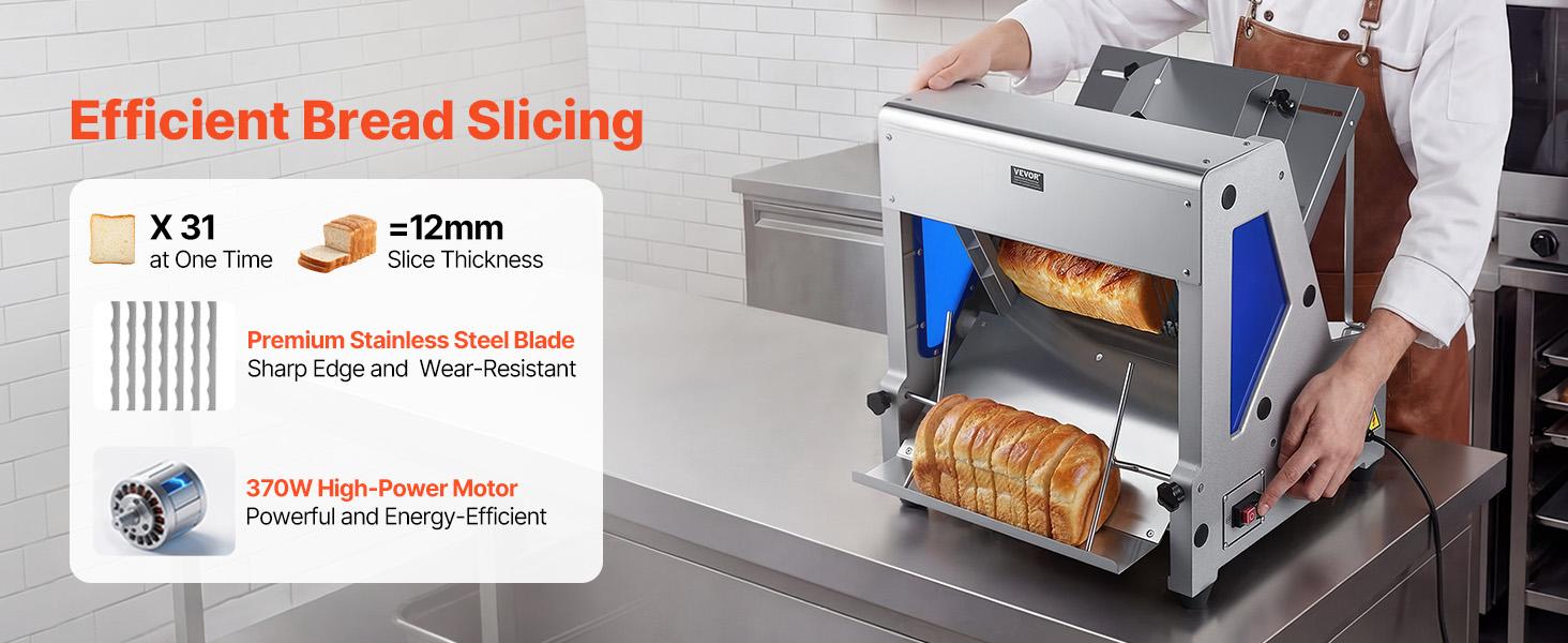VEVOR Electric Bread Slicer, 370W Bread Slicing Machine, Die-Cast Aluminum Countertop Bread Cutter Machine for 12mm Slice Thickness, Commercial Home Use for Bakeries Restaurants, 120V
