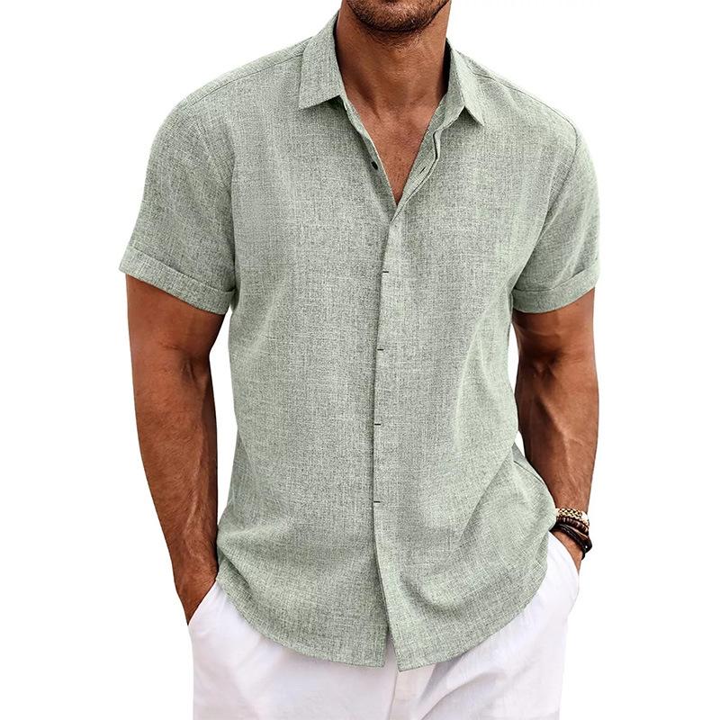 Men's Plain Linen-Polyester Short-Sleeve Button-Down Shirts - Loose-Fitting, Collared Neck, Lightweight, Breathable, Skin Friendly, Street Casual Tops for Daily, Semi-Formal Menswear