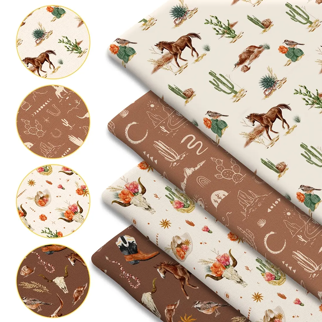 4-Piece Wild West Print Fabric Set - 18x22-inch (55x45 cm) pre-cut Durable Polyester fabric featuring horses, cacti, tropical plants, birds, flowers, and other Western-style elements - Ideal for DIY sewing, scrapbooking, tablecloths, and crafts