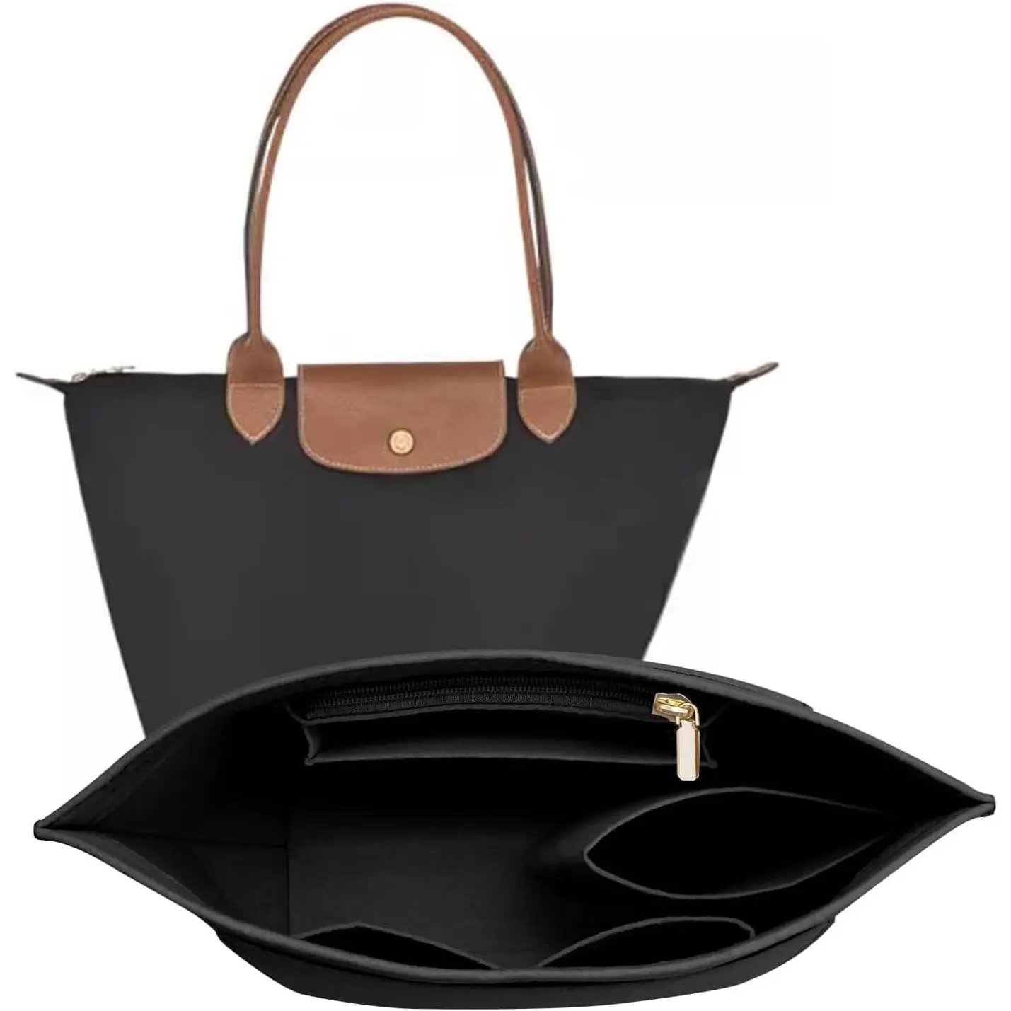 Felt Purse Organizer Insert with Glass Pocket, Metal Zipper, Second Skin Fit for Longchamp Le Pliage M Handbag (Excluding Hand-Held Straps)