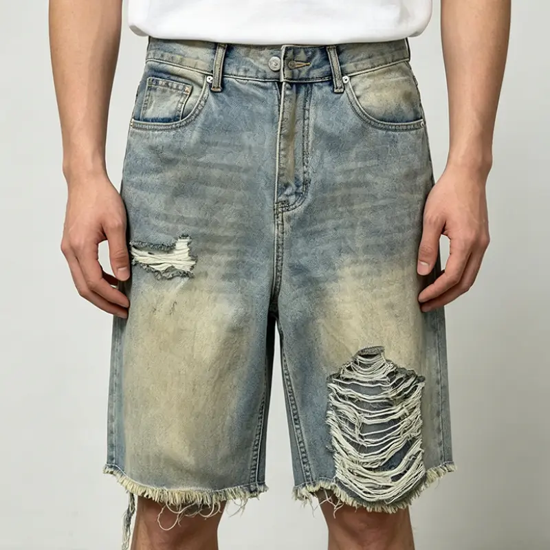 Z373 Men's denim shorts, trendy high street vintage distressed ripped loose casual mid-length shorts