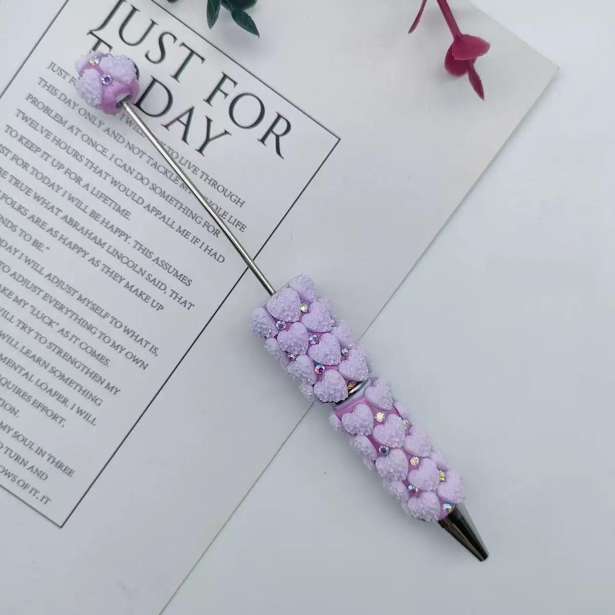 5pcs Heart Design Full Coverage High Aesthetic DIY Beaded Pens, Beadable Pens, Pearl-Inserting Round Ballpoint Pens, Beautiful Writing Tool Set, Stationery Office Supplies