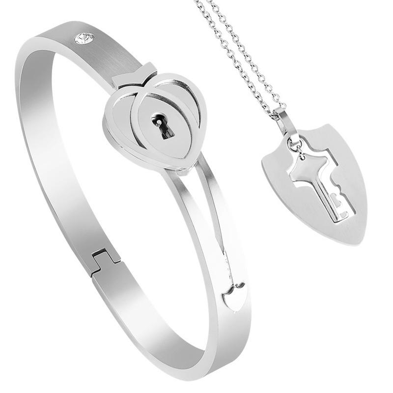 AS022 Couple Bracelet Necklace Set Key Necklace Lock Bracelet Holiday Birthday Gift Valantine Day Golden Silver Black Color