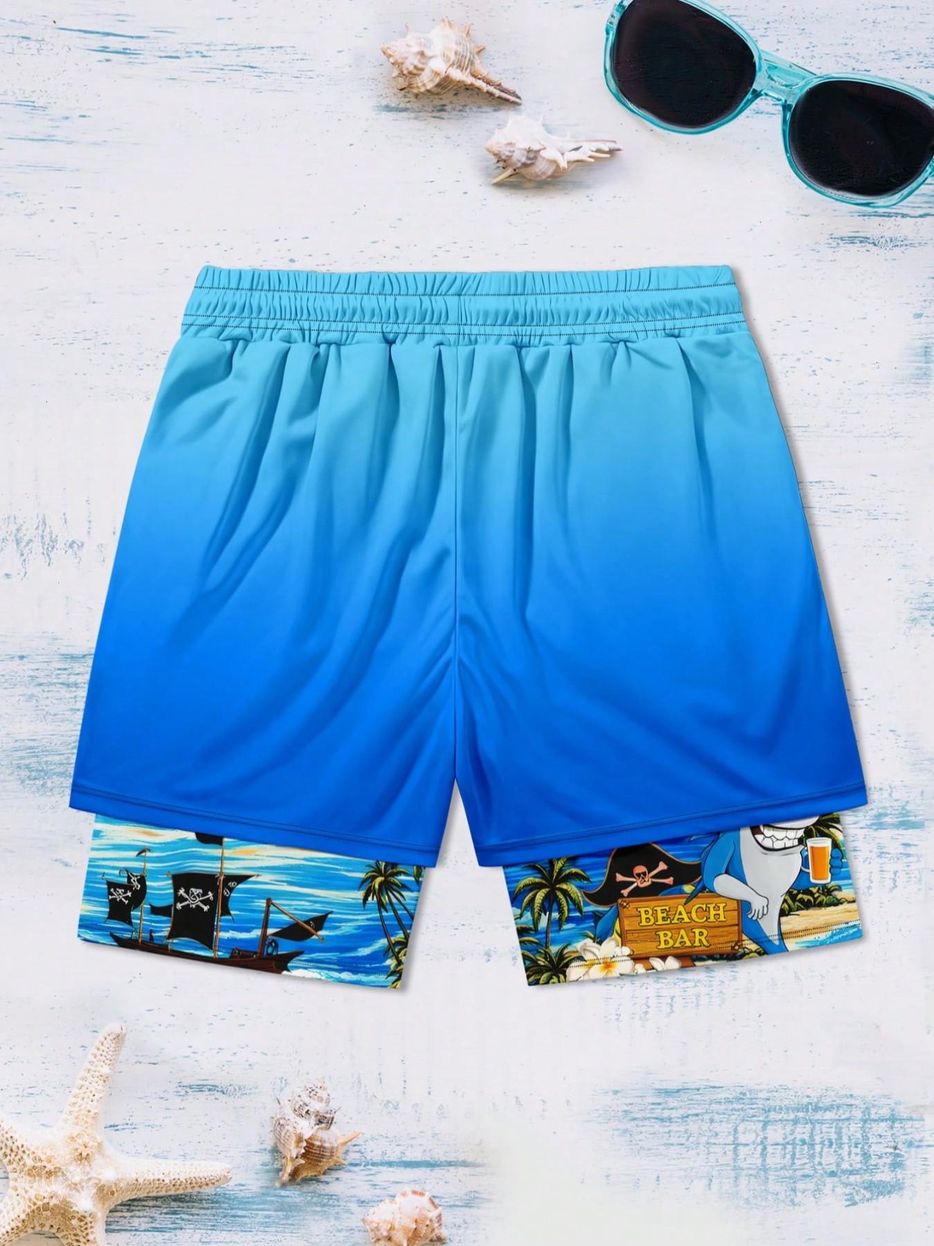 Double-Layer Beach Swim Shorts, Slim-Fit Graphic Print, Fun Pirate Shark Design, Perfect for Coastal Vibes, No Ca Prop 65 Listed