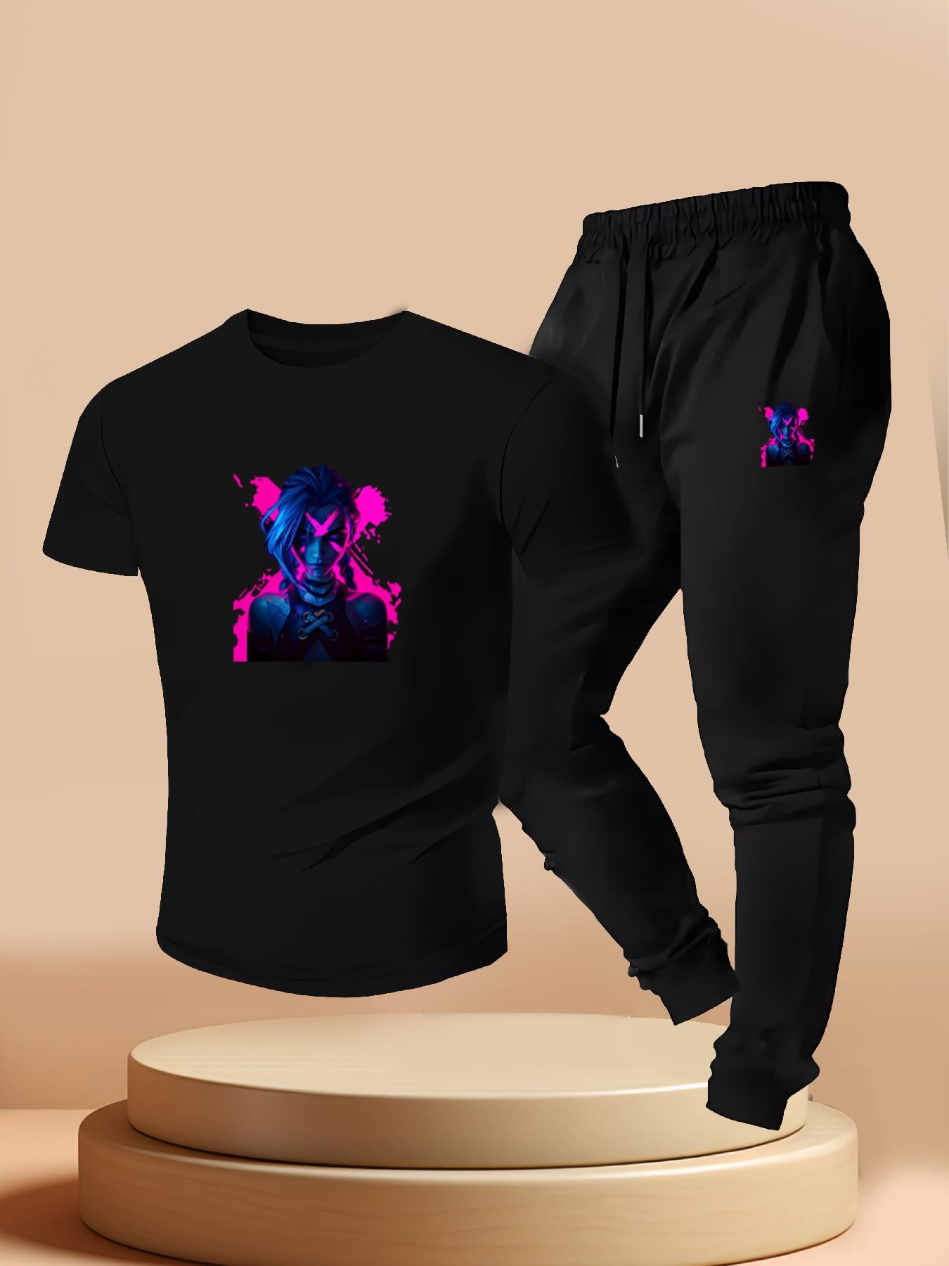 Cyberpunk Neon Gold Khione League of Legends Print, Casual Short Sleeve T-Shirt + Jogger Pants Set, Summer Gamer Style