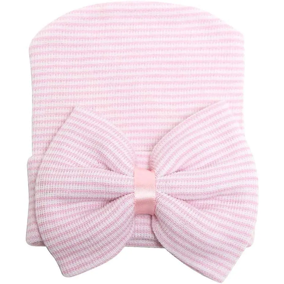 Newborn Girl Cotton Knit Fabric Hospital Hats - Safe Materials, Soft Touch Bow Accent Headbands, Round Cap Infant Hospital Wear Beanies, Nursery Caps