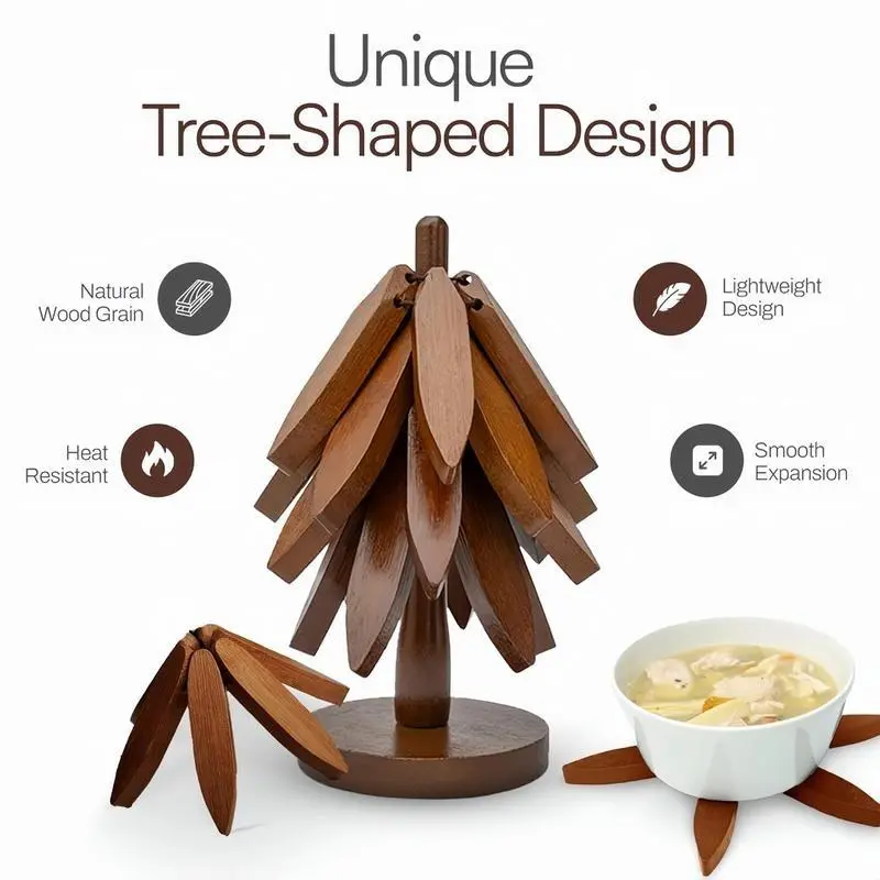 Solid Wood Trivet Set, 5-Piece Christmas Tree Shaped Foldable & Heat Resistant Mats with Stand, Protects Table Tops, Surprising Birthday Gift, Wooden, Great Gift For Holidays, Heatproof