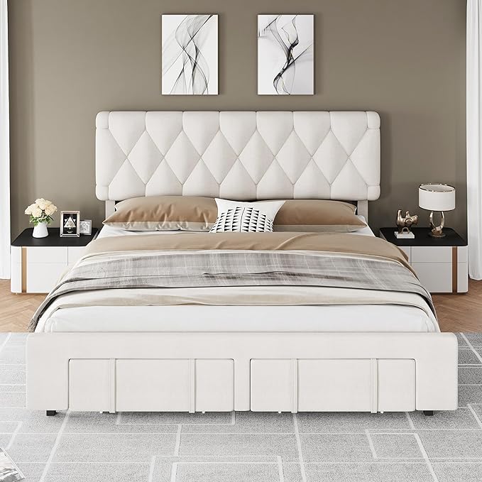 Bed Frame, Upholstered Platform Bed Frame with Storage Drawers, Mattress Foundation with Solid Wooden Slats Support, No Box Spring Needed