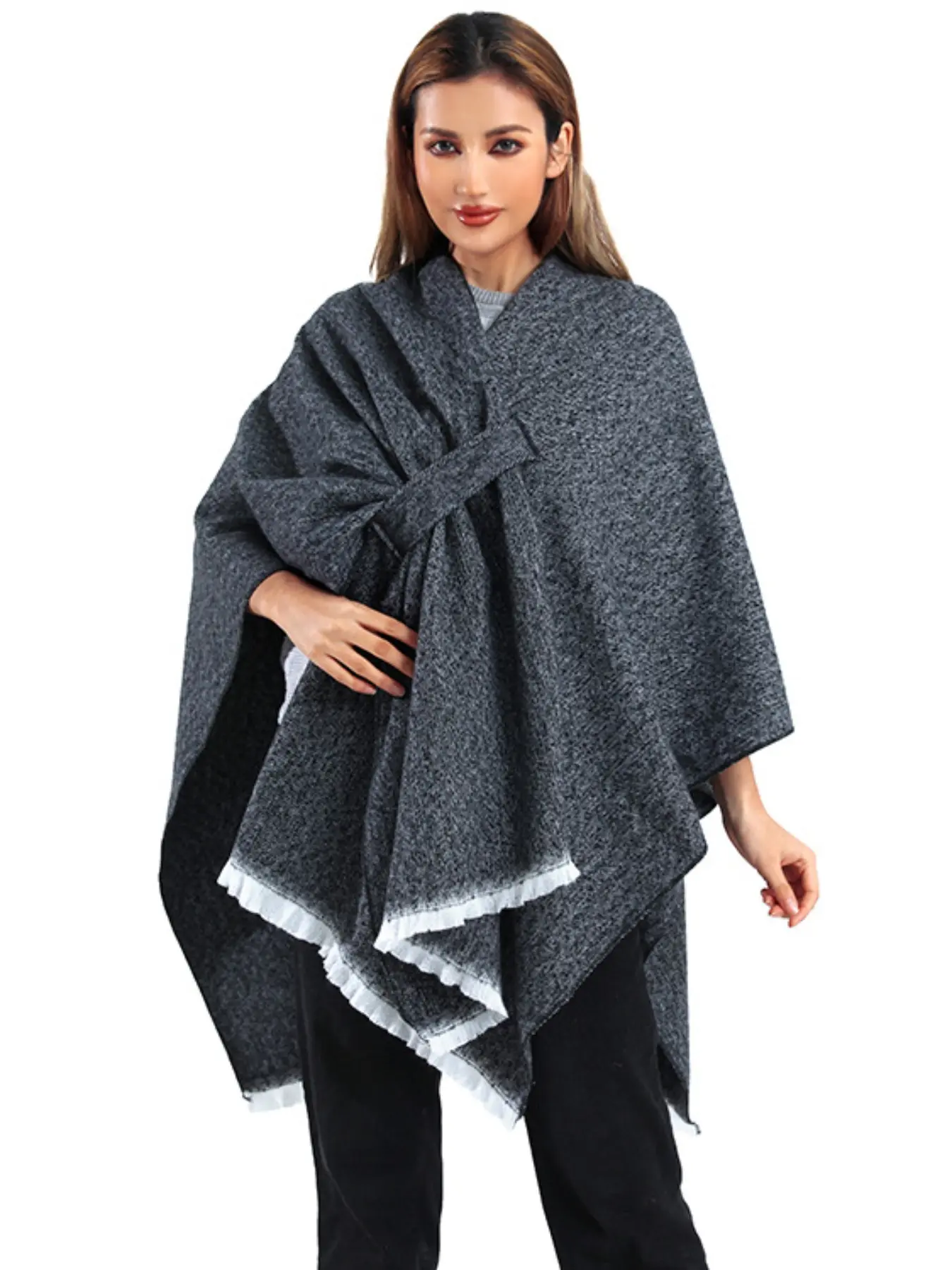 Solid Color Autumn Winter Design Split Warm Wrap, European Style Single Tone Cape, Plain Scarf for Women, Fashionable Outerwear