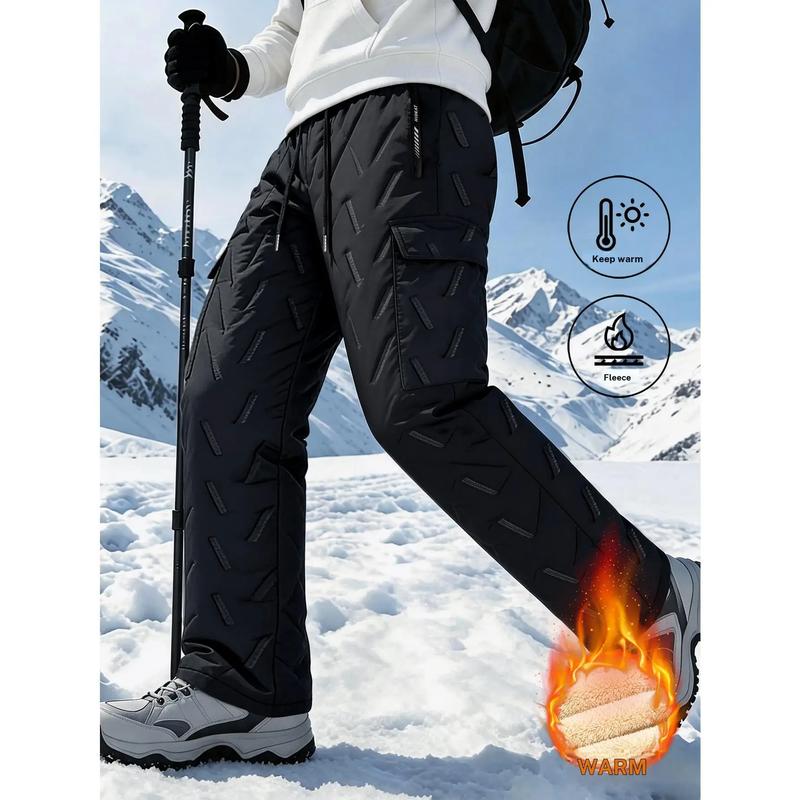Men's Embossed Textured Wide Leg Fleece Lined Snow Pants, Insulated Warm Outdoor Trousers with Side Pockets for Hiking and Mountain Trips