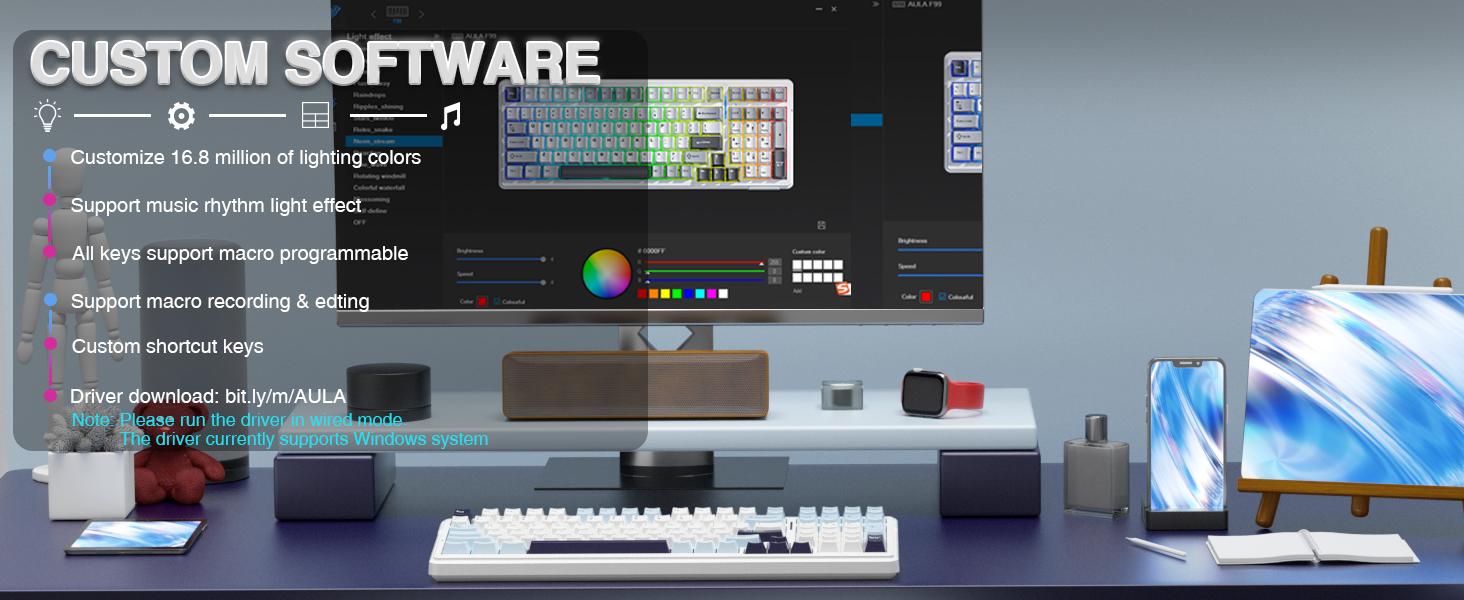 AULA F99 Wireless Mechanical Keyboard, Hot Swappable Custom Keyboard,Pre-lubed Linear Switches,Gasket Structure,RGB Backlit Gaming Keyboard (Blue&White)
