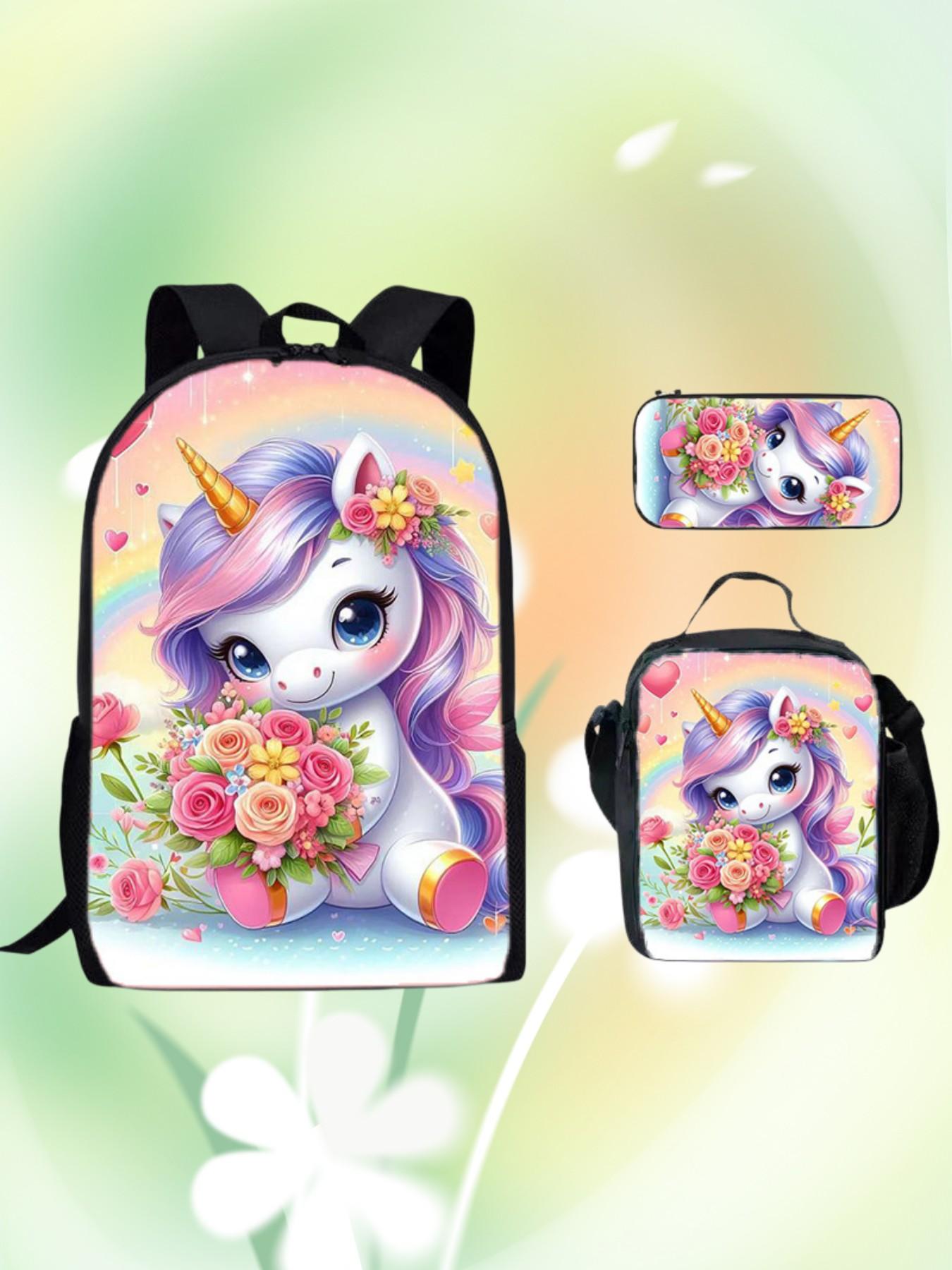 Cute Unicorn Backpack Set for Girls, Rainbow Umbrella Print School Bag, Includes Lunch Box and Pencil Case, Lightweight Kids Bookbag