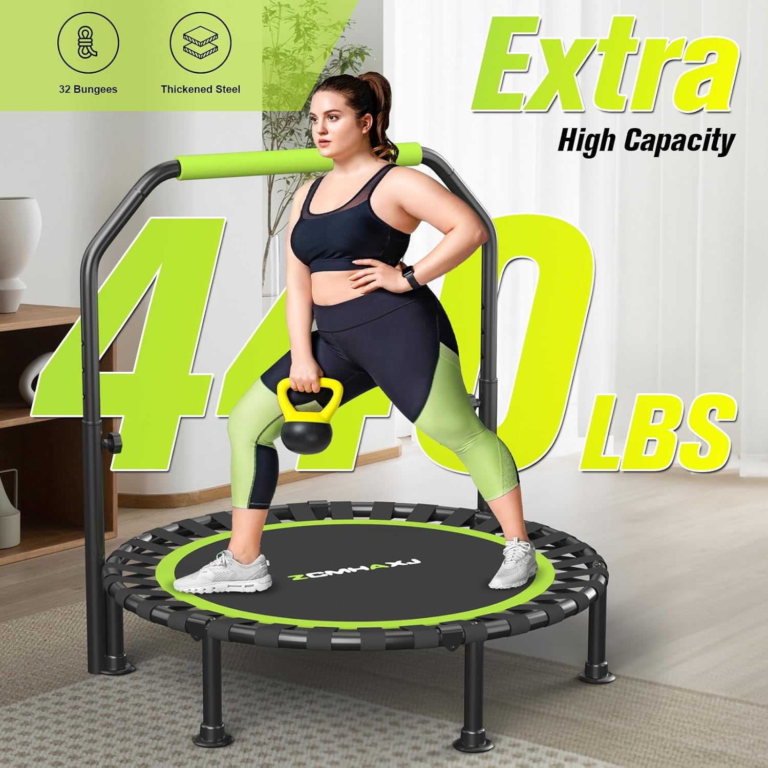 Foldable Mini Trampoline, 40"/48" Rebounder Trampoline for Adults & , 450lbs Capacity with U-Shaped Adjustable Bar, Indoor Fitness Workout Exercise Equipment