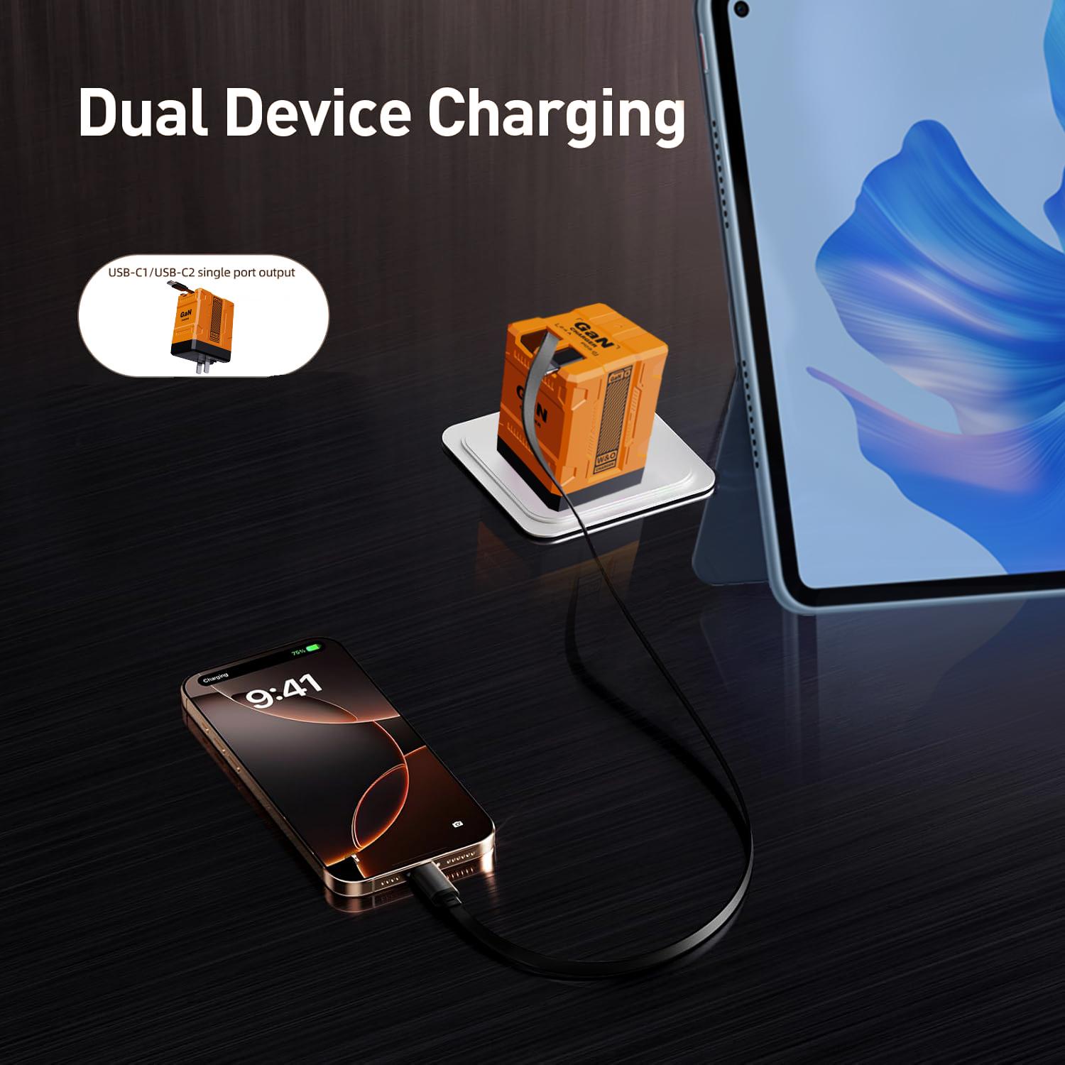 W&O Compatible with 120W GaN Fast Charger | Retractable Type-C & Lightning Cables |Foldable Adapter for iPhone 16, iPad, MacBook, Multi-Device Fast Charging