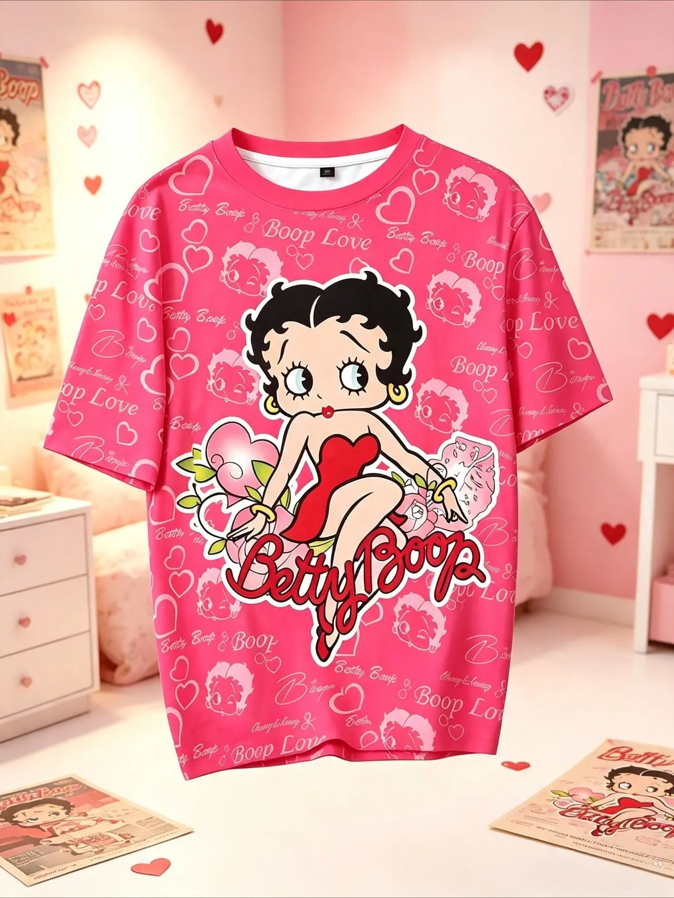 Vintage Sweet Cool Y2K Style, Cartoon Character 3D Print Short Sleeve, Bright Base, Heart and Betty Pattern, Unisex Casual T-Shirt
