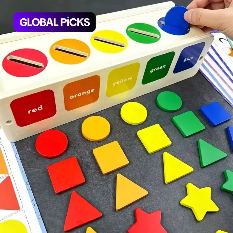 25-Count Colorful Wooden Shape Blocks Set with 12 Educational Cards for Color Recognition, Early Learning Fine Motor Skills Shape Sorter Toy and Logic Matching Game #GLOBAL PICKS