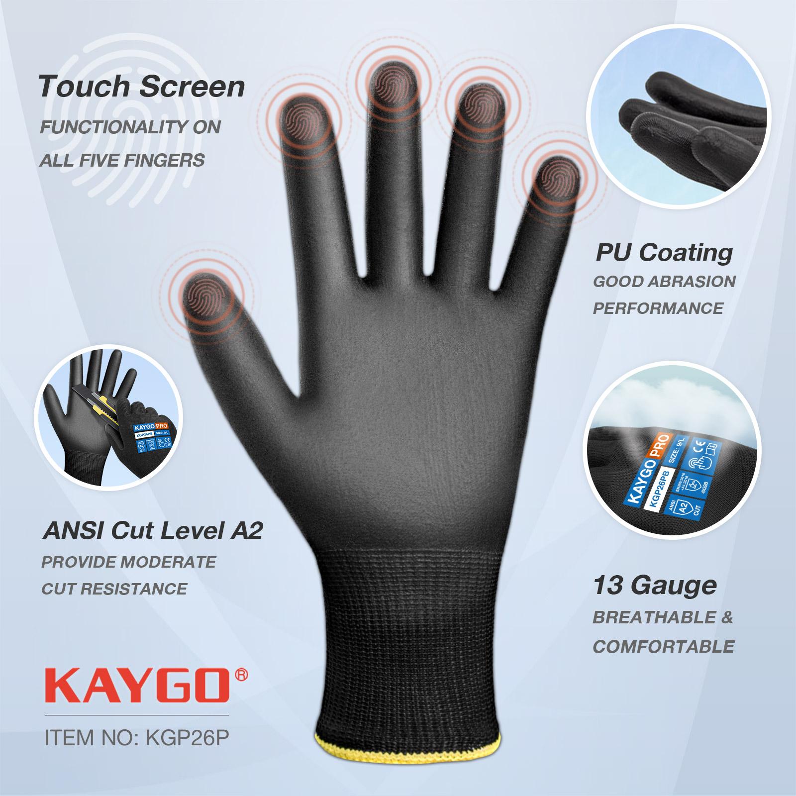 Outdoor Activity Gloves. KAYGO Safety Work Gloves PU Coated for Men and Women- KG11PB,12 Pairs,Seamless Knit Glove with Two Fingers Touchscreen,Ideal for General Duty Work (Large,Black)