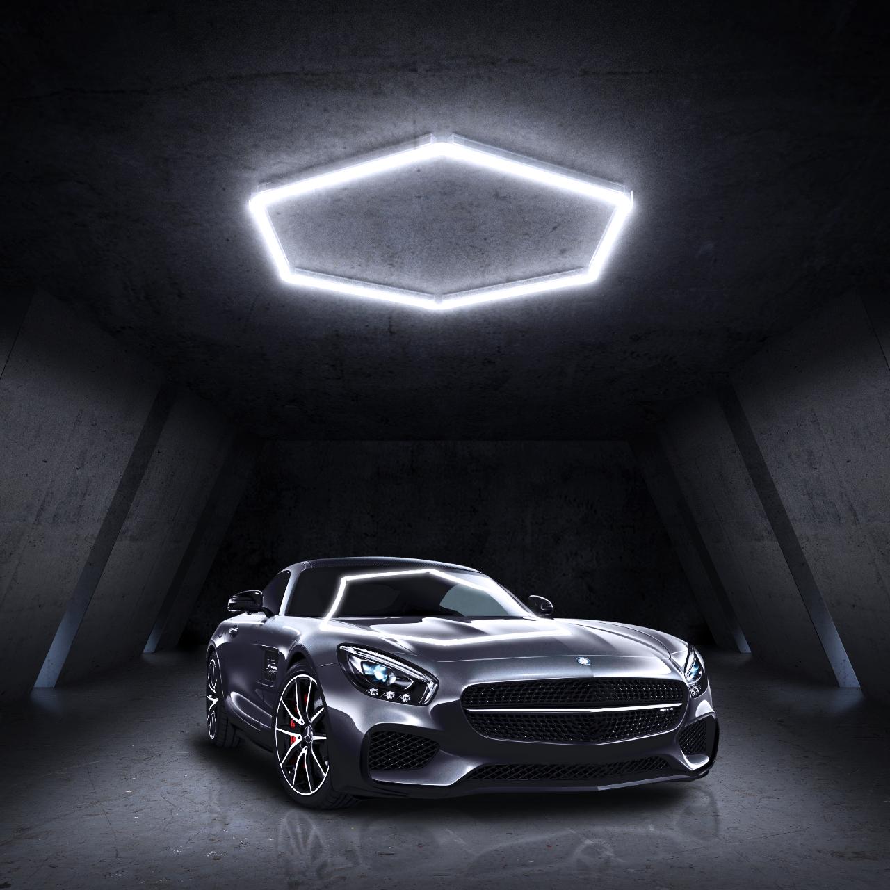 HYPERLITE offers Hexagon Garage Lights, a hexagon led lights Ceiling system designed for Grid Systems. Cool White light, ideal for Car Detailing Garages, Workshops, Basements, Barbershops，DIY Lighting Options，BackToSchool