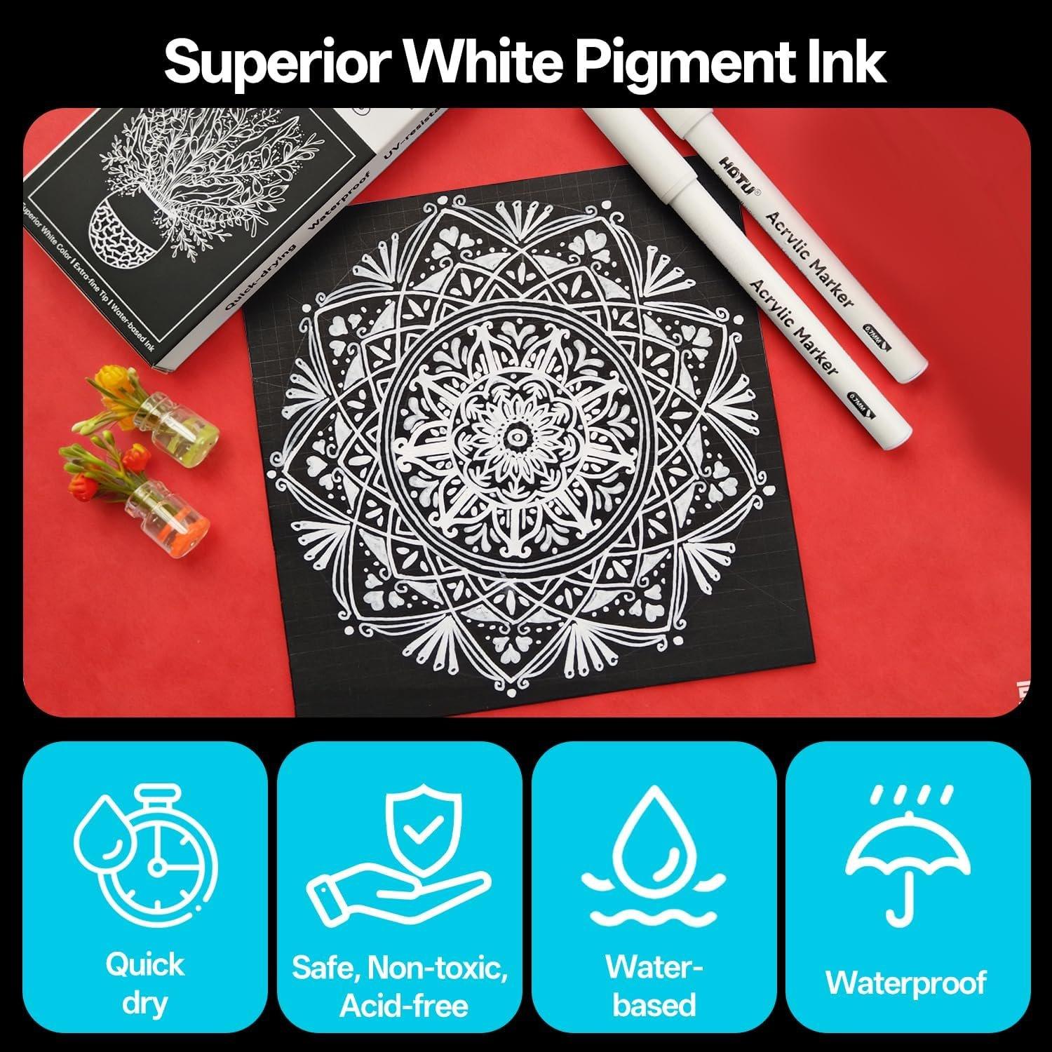 White  Markers Pens, 5 count Extra Fine Tip 0.7mm White Permanent Marker for Highlights and Fine Details  Drawings, Rock Painting, Ceramic,Metal,Glass Fabric,Plastic,