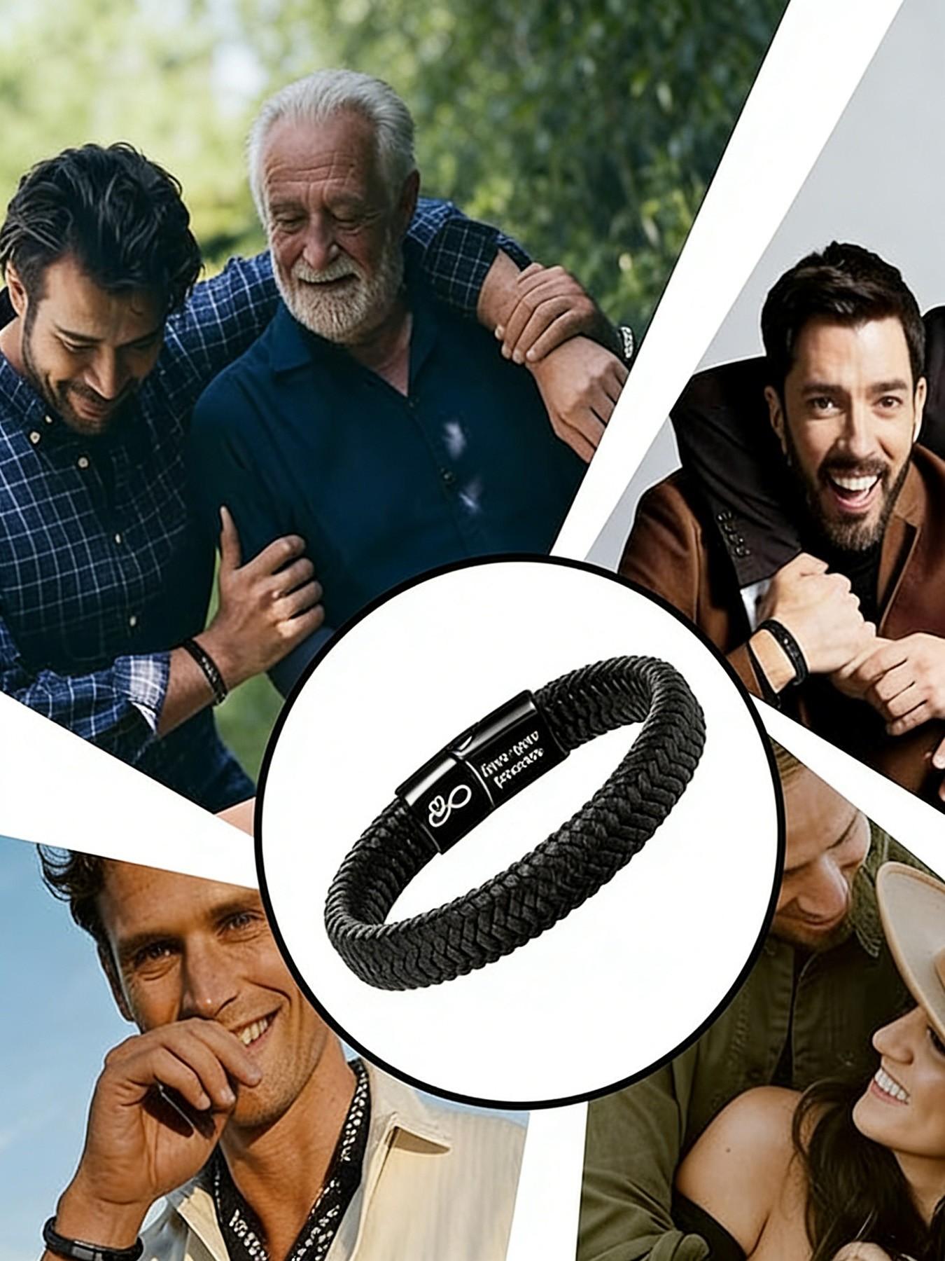 6-Piece Leather Bracelets for Men, Stackable Retro Bangles with Stainless Steel Clasp, Perfect Family Gift Set with Sentimental Cards