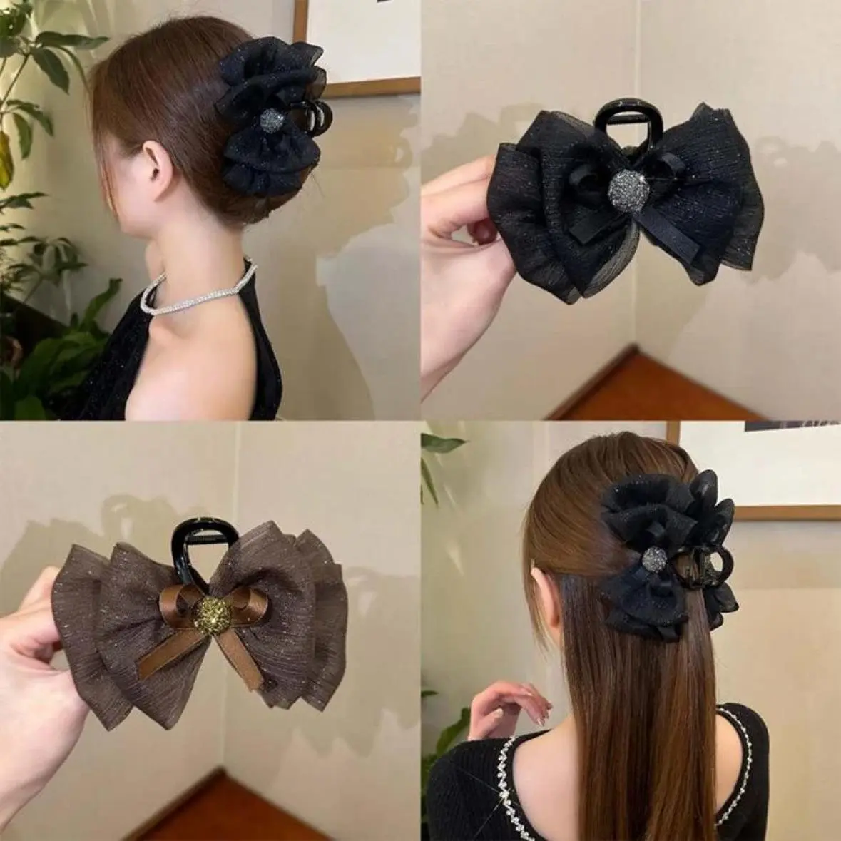 Cute Organza Bow Hair Claw Clips for Women, Large Shimmer Ribbon Bowknot with Rhinestone Ball, Aesthetic Strong Hold Shark Jaw Clip for Thick Hair, Trendy Coquette Prom Decor Holiday Gift, 3Pcs
