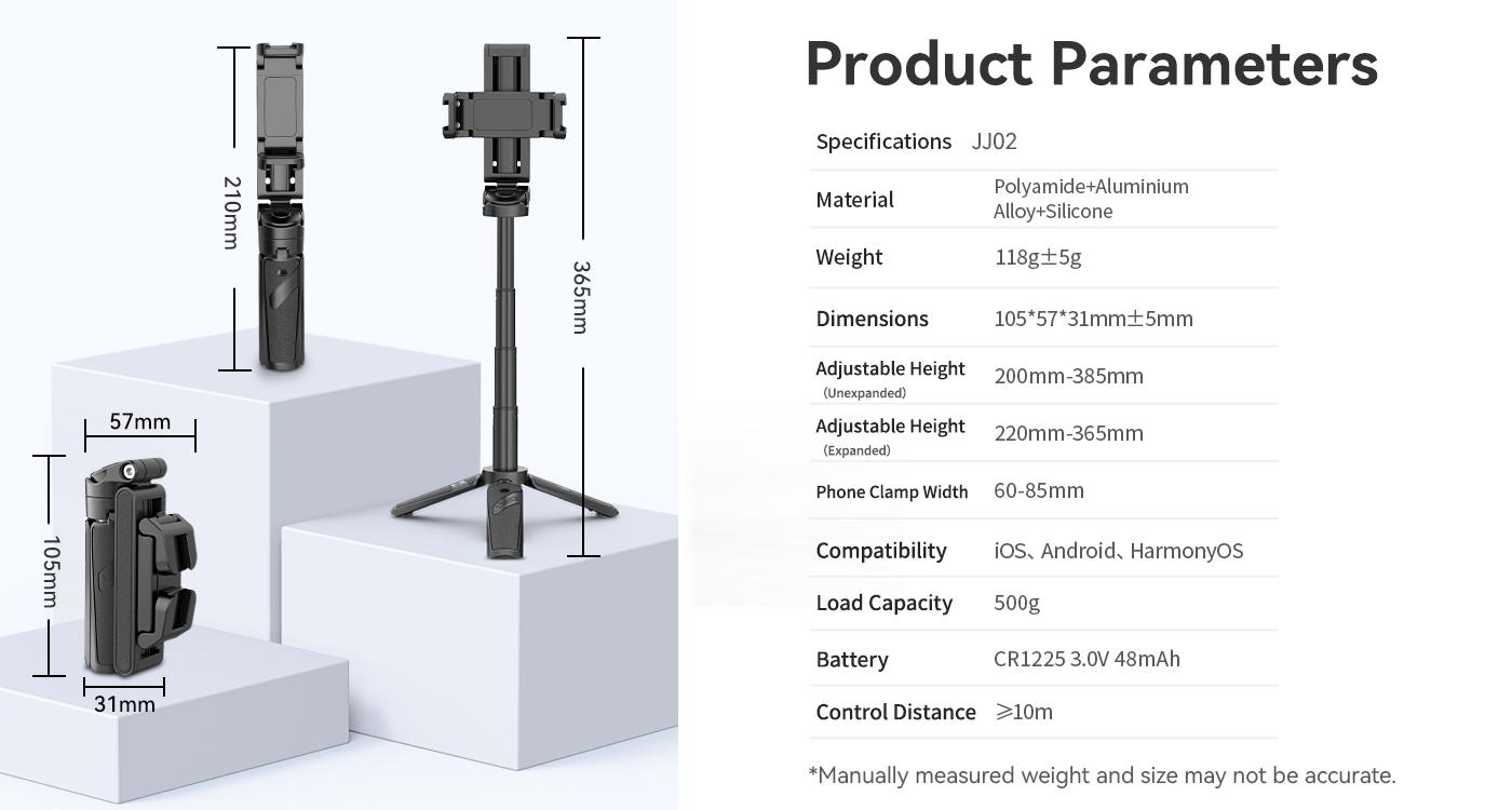 ULANZI JJ02 Selfie Stick Tripod, Extendable Grip Phone Tripod with Detachable Remote Pocket Size, 3-in-1 Mini Phone Grip 2 Cold Shoe, 10m/393.7'' Wireless Shutter, Vlog Livestreaming Photography