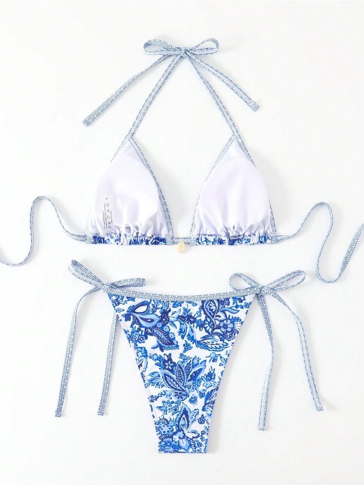 Women's Bikini Set with Adjustable Straps, Sexy Vacation Beachwear, Printed Halter Neck Swimsuit, Spring Summer 2026 Fashion