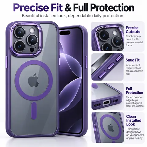 MagSafe Snap-On Luxury Magnetic Metal Bumper Casing for iPhone 12/13/14/15/16/17/17 Air/18 Pro Max Plus, Scratch-Resist TPU-Acrylic Transparent Hard Cover, Shockproof Handheld Cellphone Devices Accessory + Screen Protector